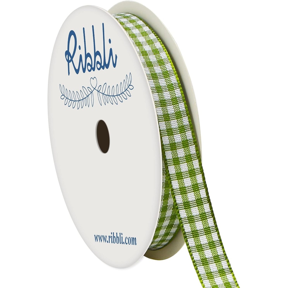 Ribbli Yellow and White Gingham Ribbon,100% Polyester Woven Edge,3/8 Inch x 10 Yard,Plaid Ribbon Use for Gift Wrapping,Party Decoration(Green Moss/White)