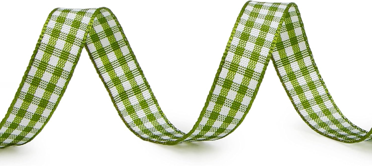 Ribbli Yellow and White Gingham Ribbon,100% Polyester Woven Edge,3/8 Inch x 10 Yard,Plaid Ribbon Use for Gift Wrapping,Party Decoration(Green Moss/White)