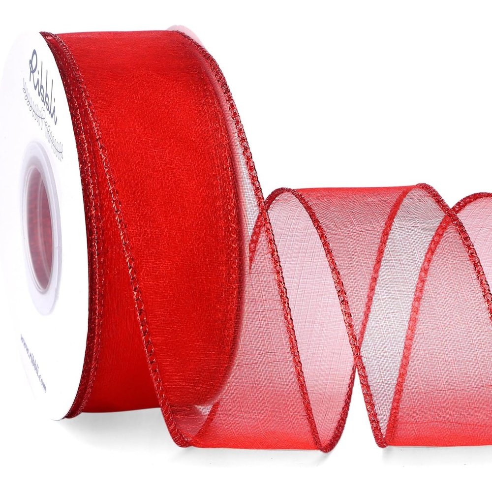 Ribbli Pink Organza Wired Ribbon, Pink Sheer with Metallic Edge,2-1/2 Inch x 20 Yards Christmas Tree Ribbon for Decoration Gift Wrapping Wedding Crafts(Red)