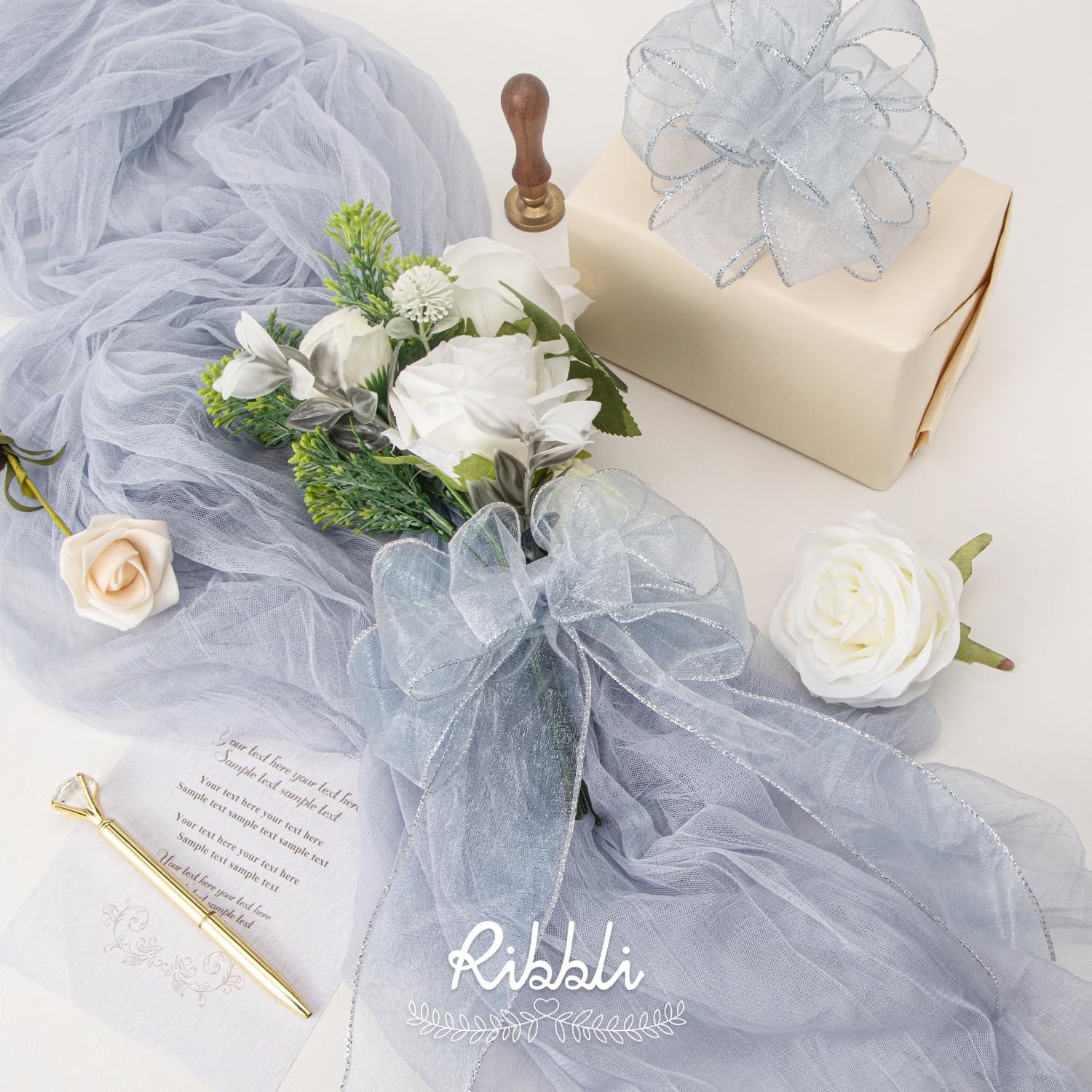 Ribbli Blue Organza Wired Ribbon, Baby Blue Sheer with Metallic Edge,2-1/2 Inch x 20 Yards Christmas Tree Ribbon for Decoration Gift Wrapping Wedding Crafts(Silver)