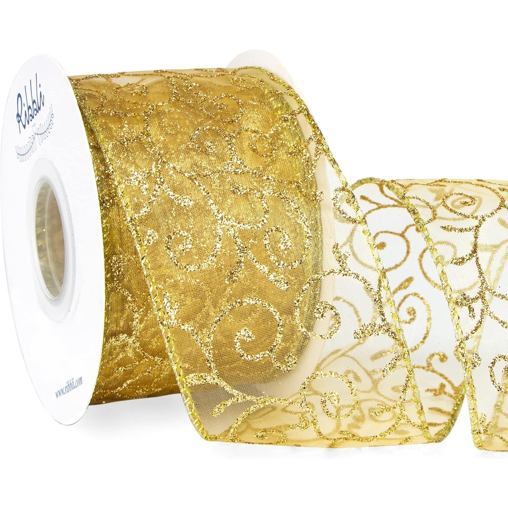 Ribbli Swirl Glitter Wired Ribbon, Gold Organza Sheer Ribbon with Gold Glitter Swirl Pattern and Metallic Edge,2-1/2 Inch x 20 Yards Christmas Ribbon for Tree Decoration
