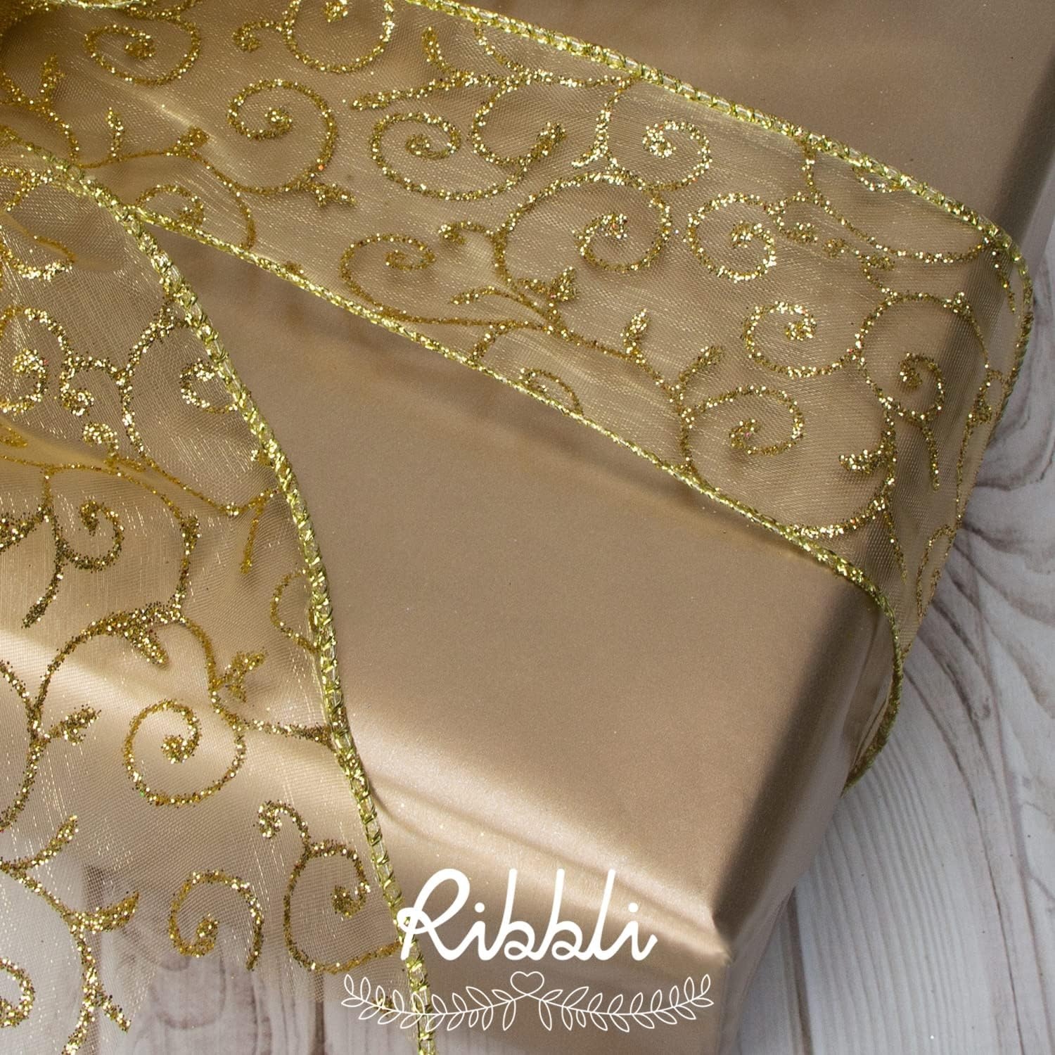 Ribbli Swirl Glitter Wired Ribbon, Gold Organza Sheer Ribbon with Gold Glitter Swirl Pattern and Metallic Edge,2-1/2 Inch x 20 Yards Christmas Ribbon for Tree Decoration