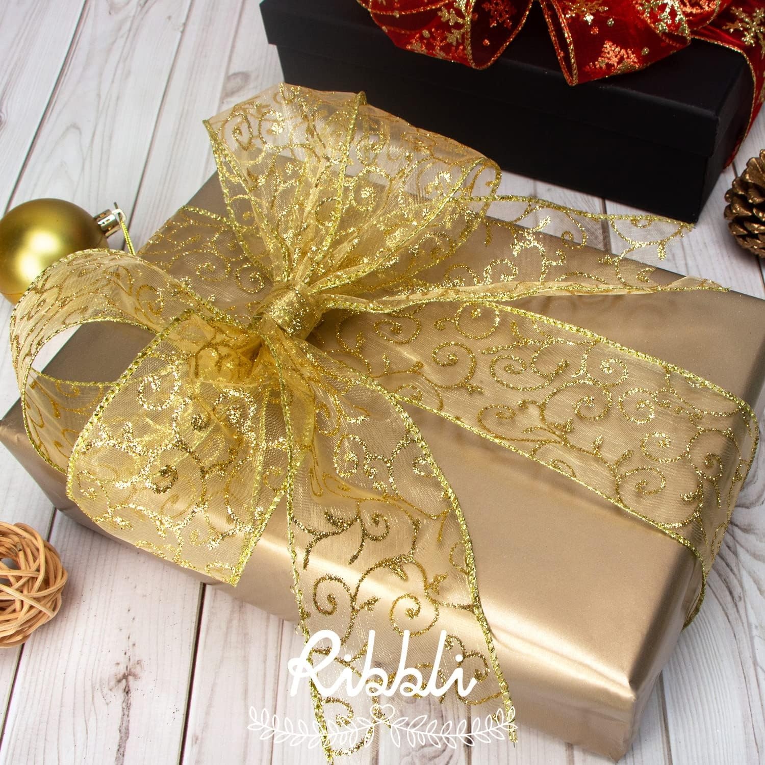 Ribbli Swirl Glitter Wired Ribbon, Gold Organza Sheer Ribbon with Gold Glitter Swirl Pattern and Metallic Edge,2-1/2 Inch x 20 Yards Christmas Ribbon for Tree Decoration