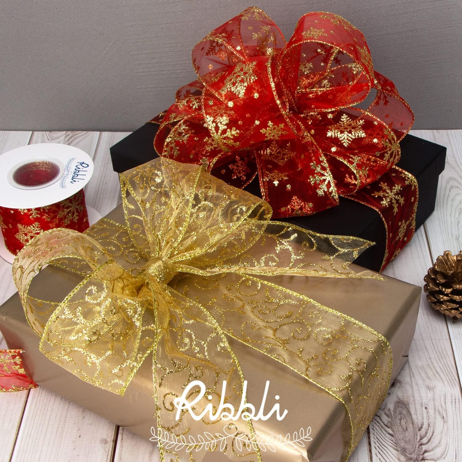 Ribbli Swirl Glitter Wired Ribbon, Gold Organza Sheer Ribbon with Gold Glitter Swirl Pattern and Metallic Edge,2-1/2 Inch x 20 Yards Christmas Ribbon for Tree Decoration
