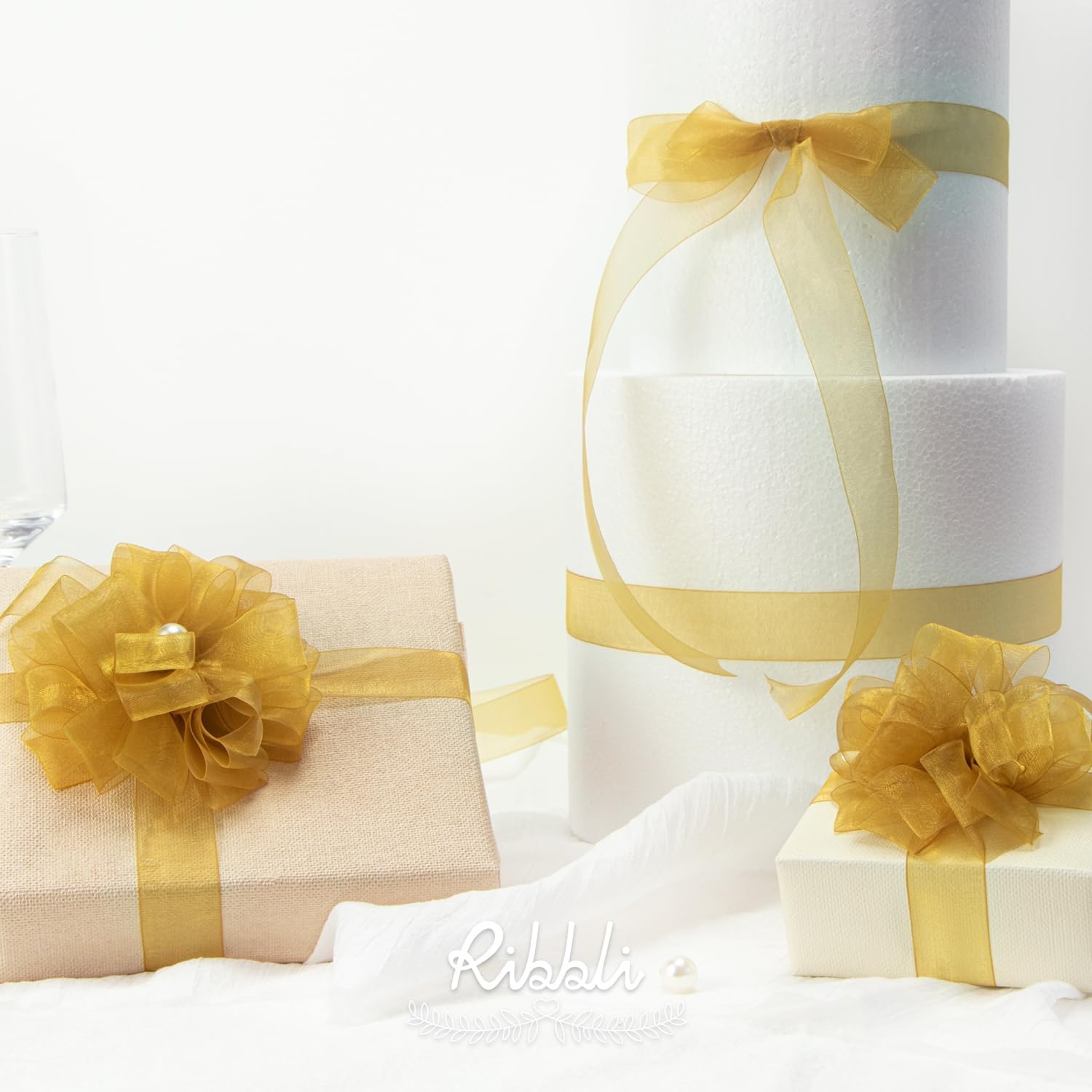 Ribbli Champagne Organza Ribbon,1/2 Inches x Continuous 50 Yard, Champagne Sheer Ribbon for Gift Wrapping,Cookie Wrapping,Wedding Decoration,All Crafting and Sewing(Pale Gold)