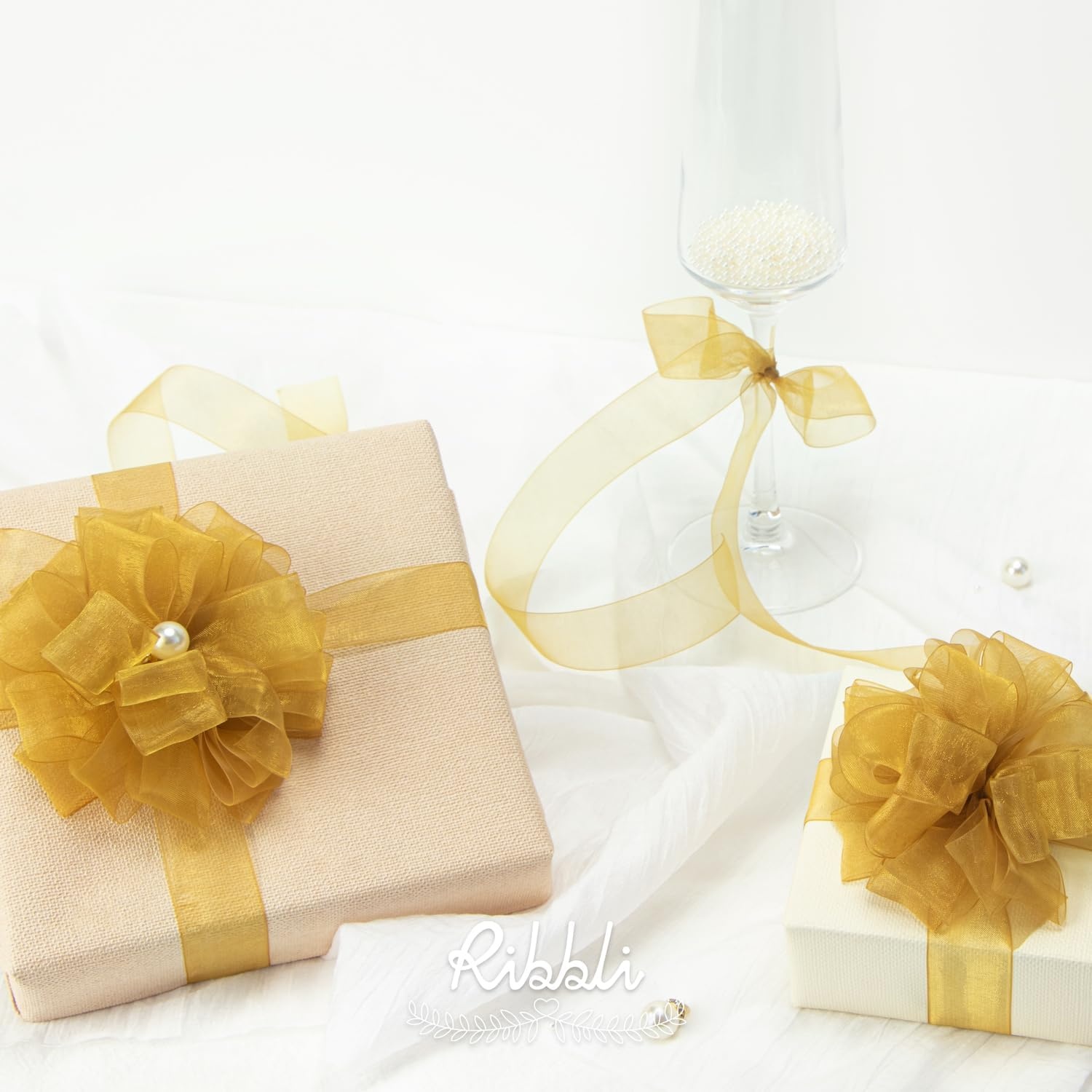 Ribbli Champagne Organza Ribbon,1/2 Inches x Continuous 50 Yard, Champagne Sheer Ribbon for Gift Wrapping,Cookie Wrapping,Wedding Decoration,All Crafting and Sewing(Pale Gold)