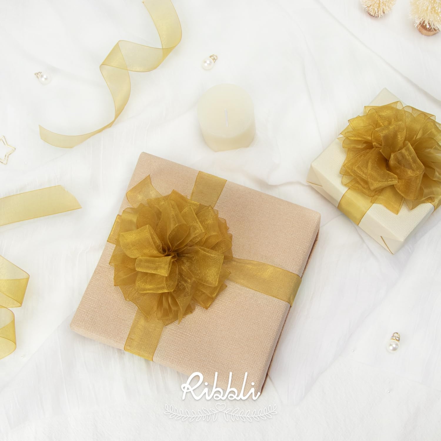 Ribbli Champagne Organza Ribbon,1/2 Inches x Continuous 50 Yard, Champagne Sheer Ribbon for Gift Wrapping,Cookie Wrapping,Wedding Decoration,All Crafting and Sewing(Pale Gold)