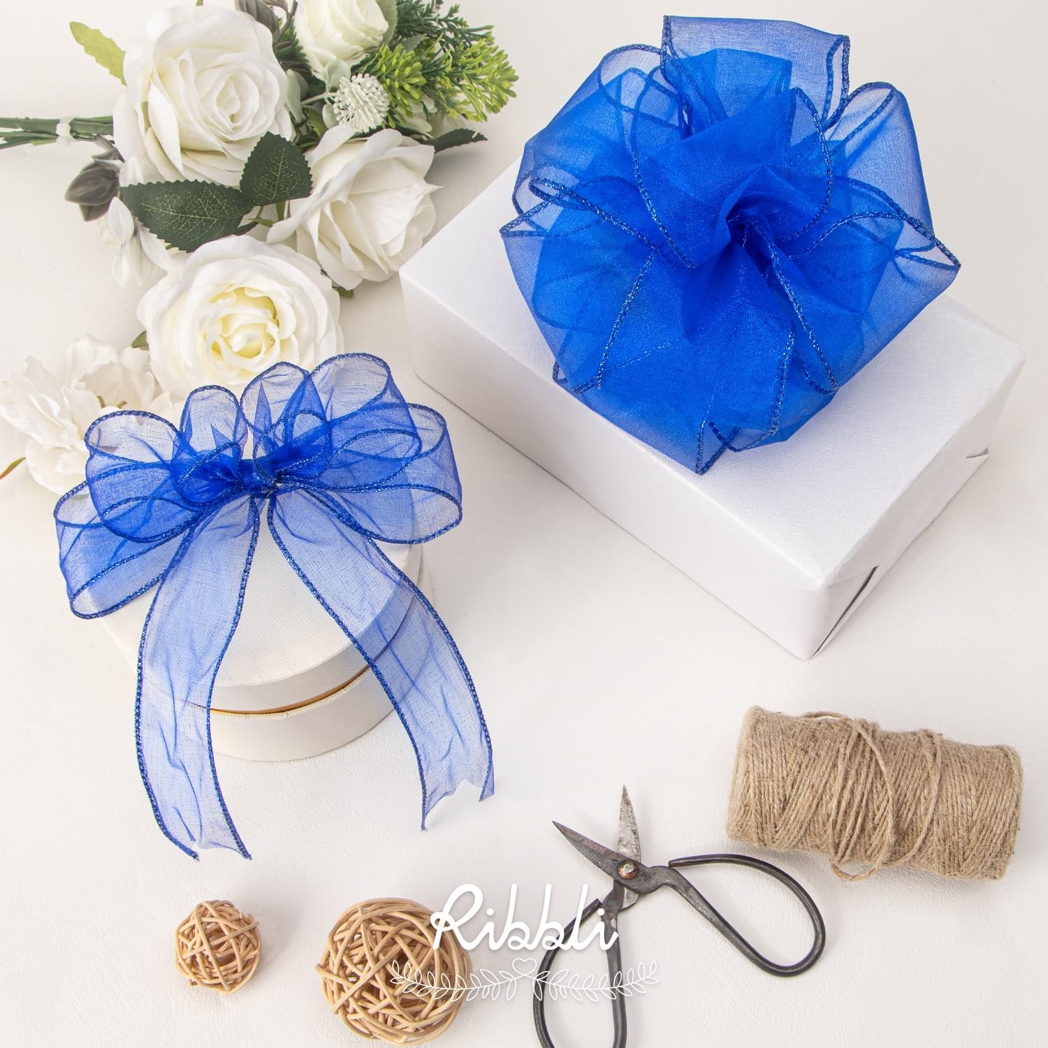 Ribbli Black Organza Wired Ribbon, Black Sheer with Metallic Edge,2-1/2 Inch x 20 Yards Christmas Tree Ribbon for Decoration Gift Wrapping Wedding Crafts(Royal Blue)