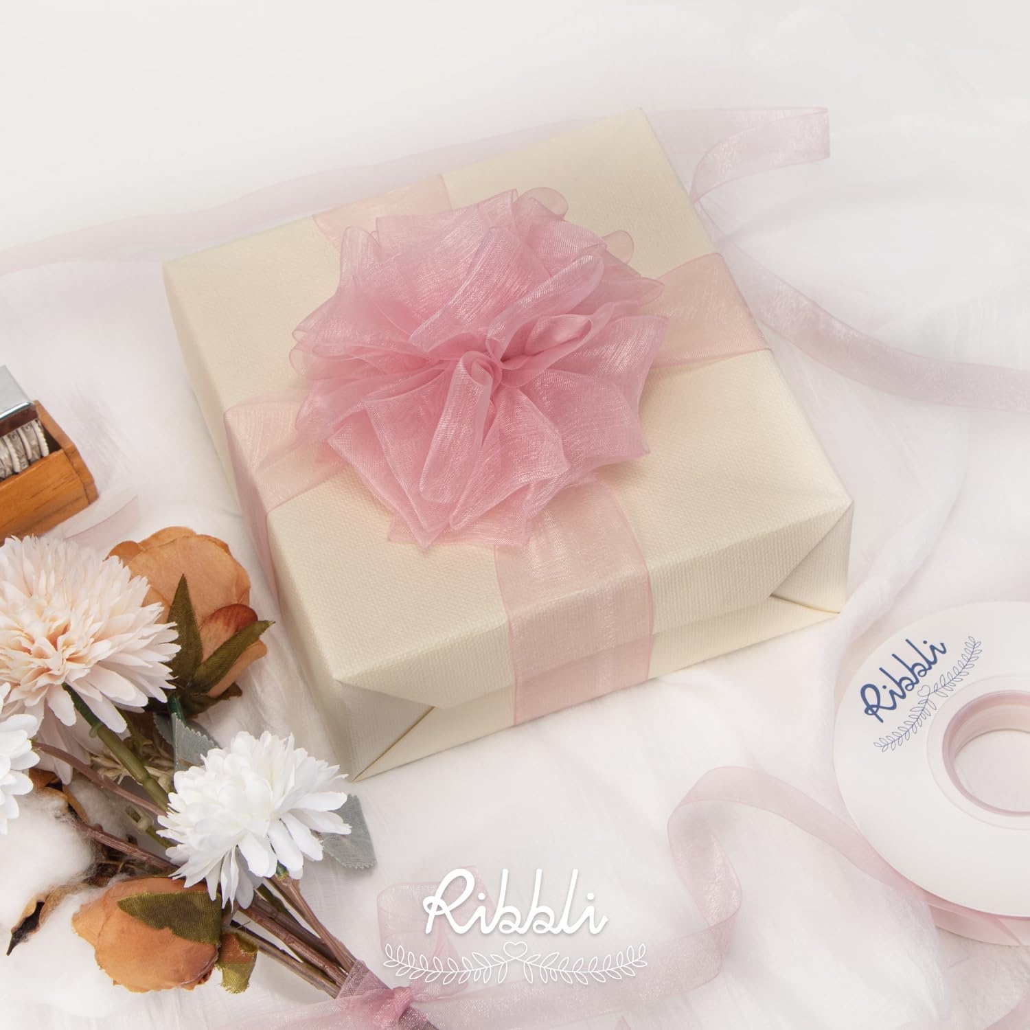 Ribbli Champagne Organza Ribbon,1/2 Inches x Continuous 50 Yard, Champagne Sheer Ribbon for Gift Wrapping,Cookie Wrapping,Wedding Decoration,All Crafting and Sewing(Rose Pink)