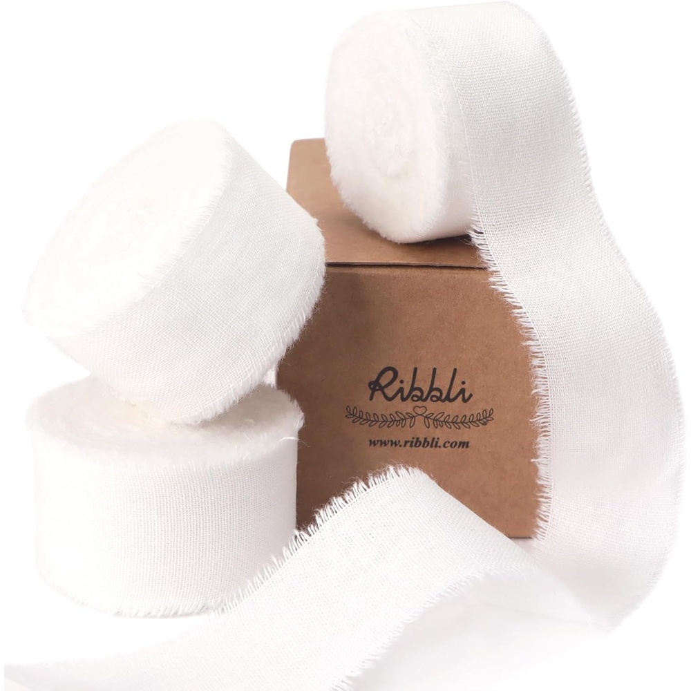 Ribbli 3 Rolls Dusty Blue Ribbon 1.5 Inch x 18Yards Handmade Cotton Frayed Fringe Ribbons for Gift Wrapping Wedding Invites Bridal Bouquets Baby Shower DIY Crafts Home Decor(White)