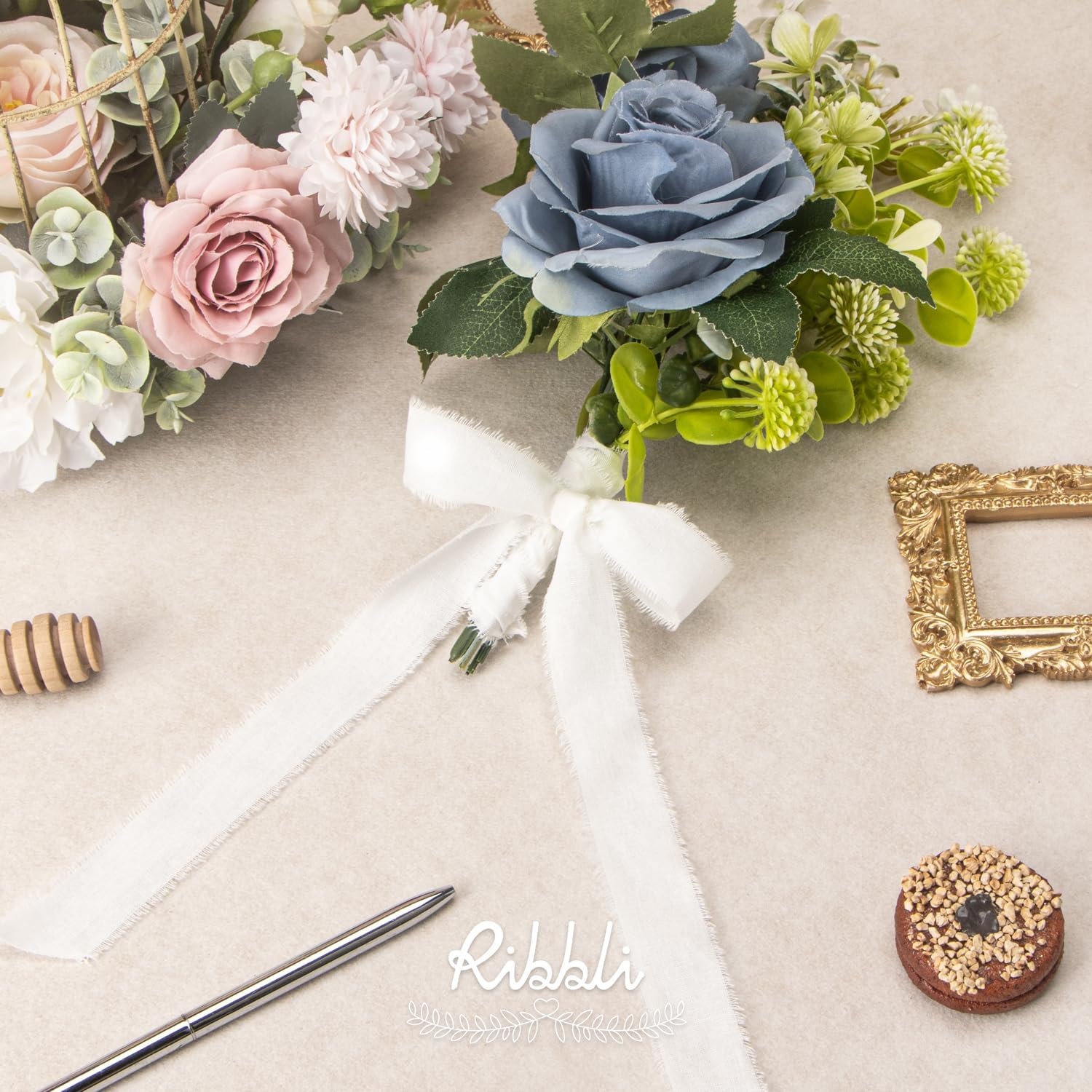 Ribbli 3 Rolls Dusty Blue Ribbon 1.5 Inch x 18Yards Handmade Cotton Frayed Fringe Ribbons for Gift Wrapping Wedding Invites Bridal Bouquets Baby Shower DIY Crafts Home Decor(White)