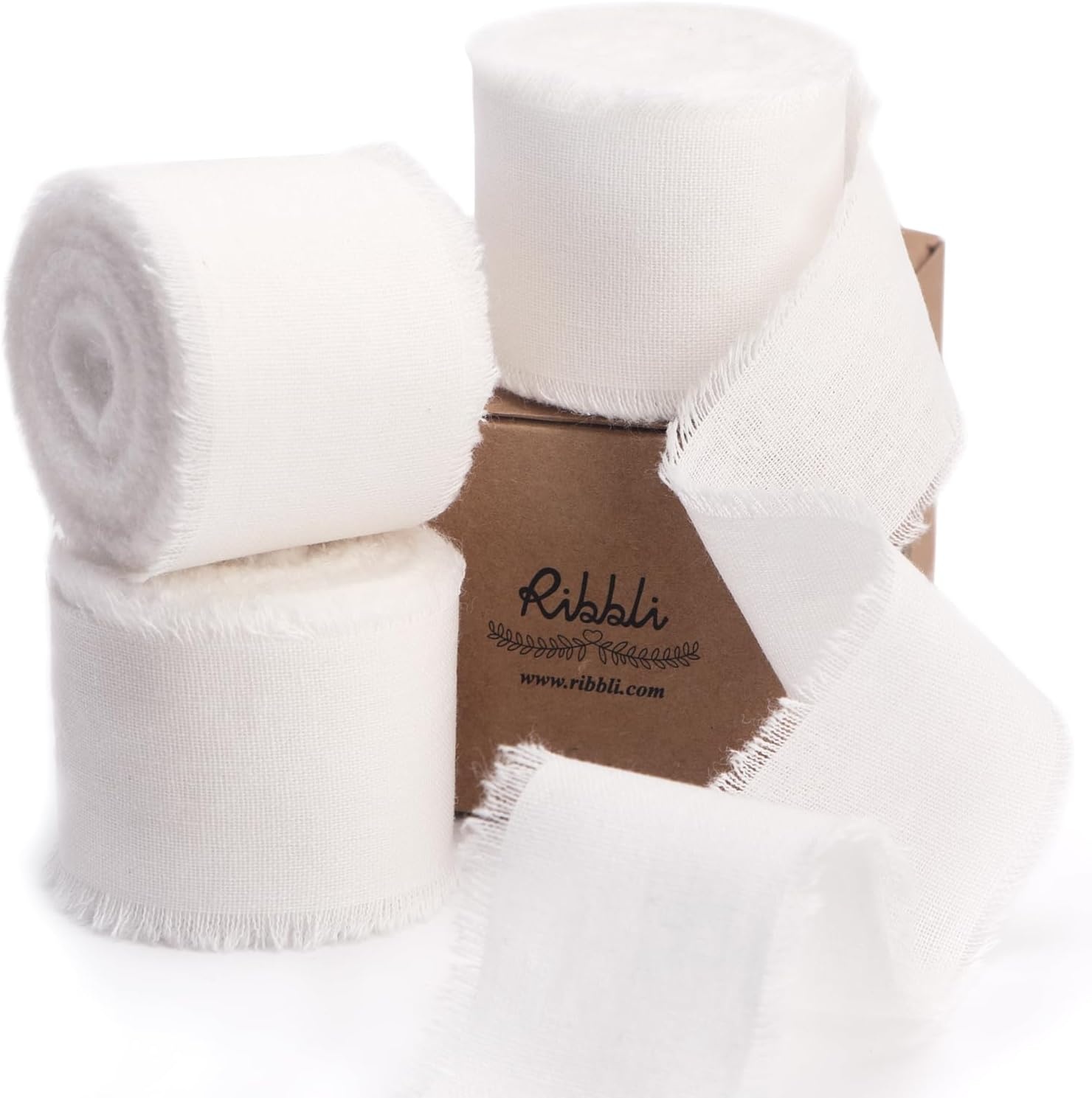 Ribbli 3 Rolls Dusty Blue Ribbon 1.5 Inch x 18Yards Handmade Cotton Frayed Fringe Ribbons for Gift Wrapping Wedding Invites Bridal Bouquets Baby Shower DIY Crafts Home Decor(White)