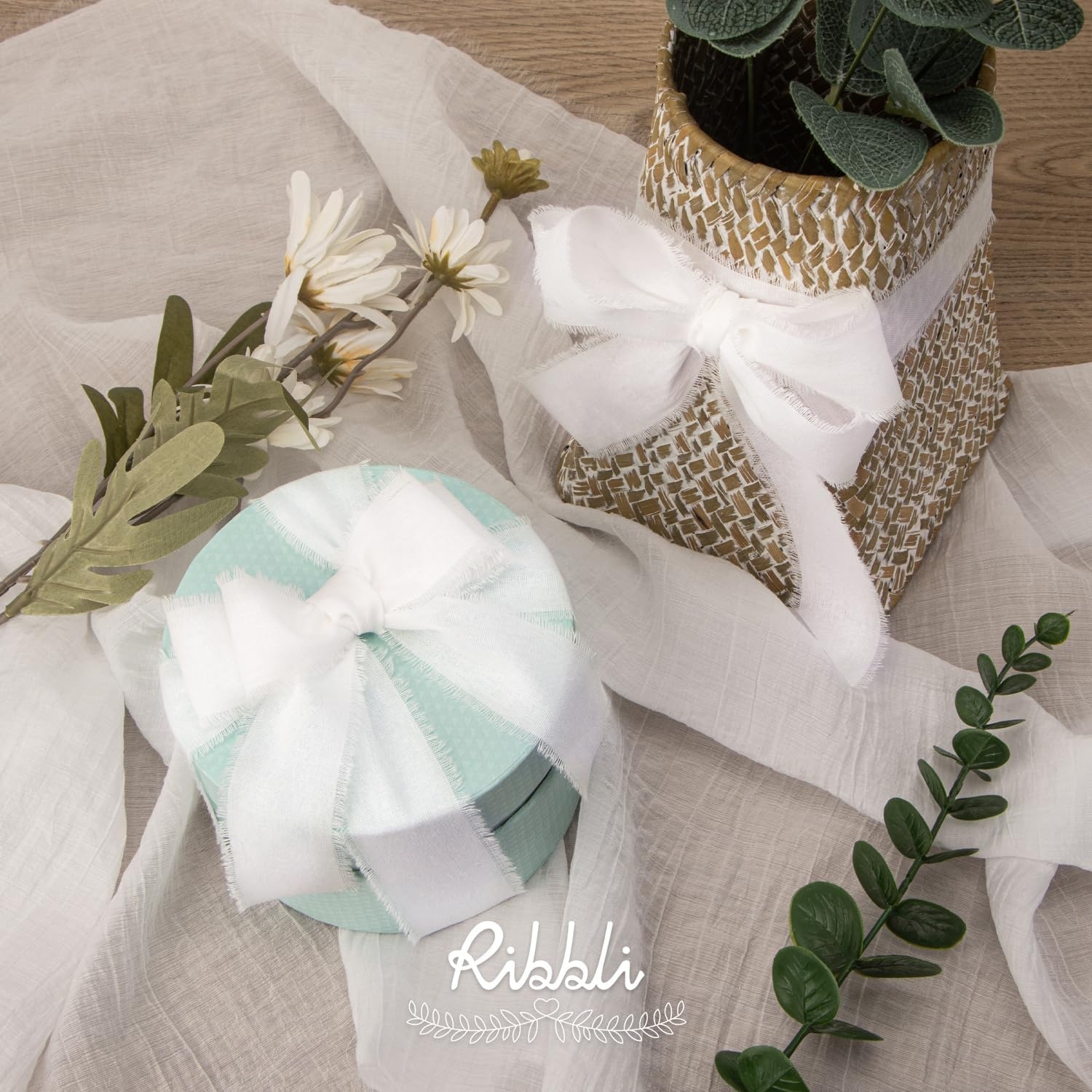 Ribbli 3 Rolls Dusty Blue Ribbon 1.5 Inch x 18Yards Handmade Cotton Frayed Fringe Ribbons for Gift Wrapping Wedding Invites Bridal Bouquets Baby Shower DIY Crafts Home Decor(White)