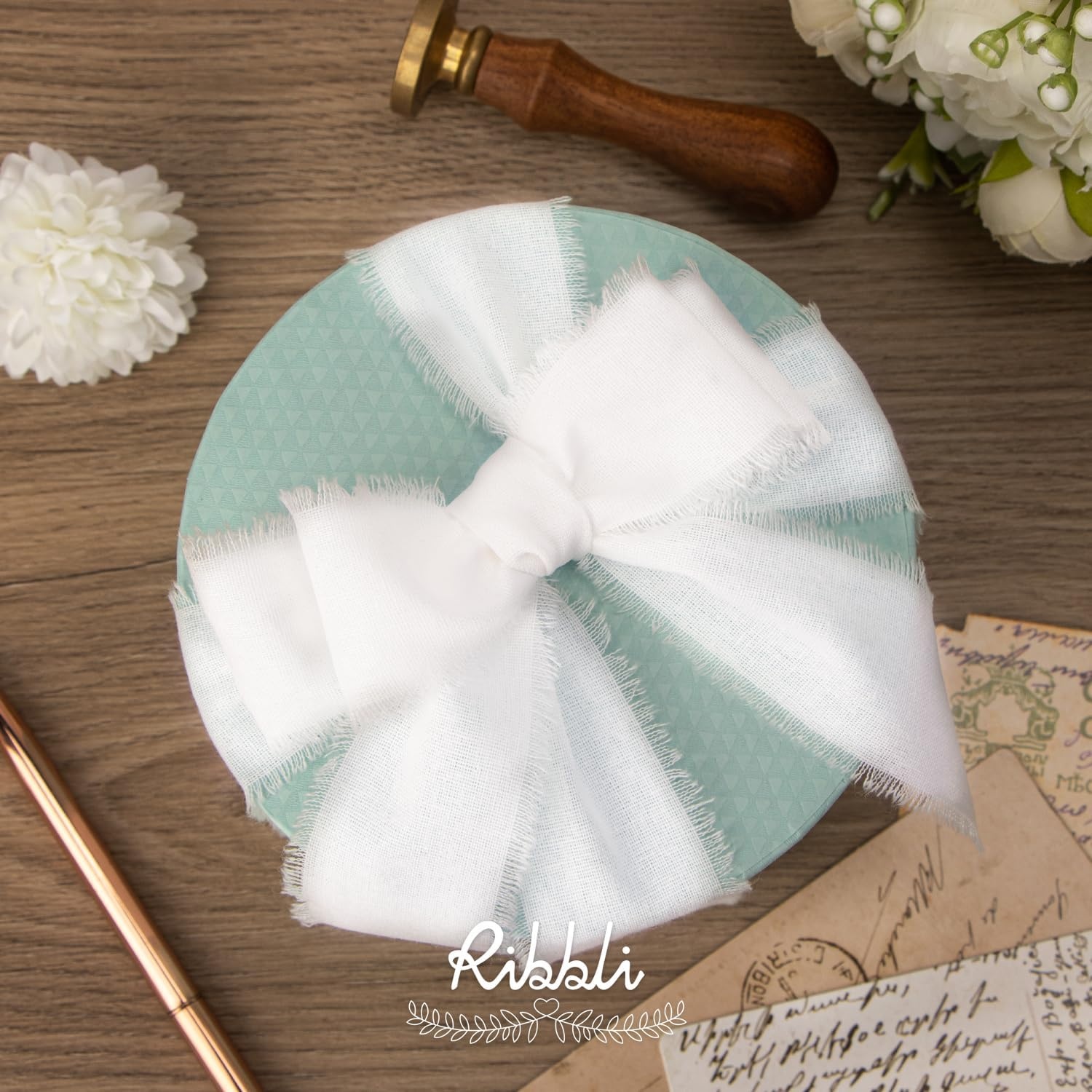 Ribbli 3 Rolls Dusty Blue Ribbon 1.5 Inch x 18Yards Handmade Cotton Frayed Fringe Ribbons for Gift Wrapping Wedding Invites Bridal Bouquets Baby Shower DIY Crafts Home Decor(White)