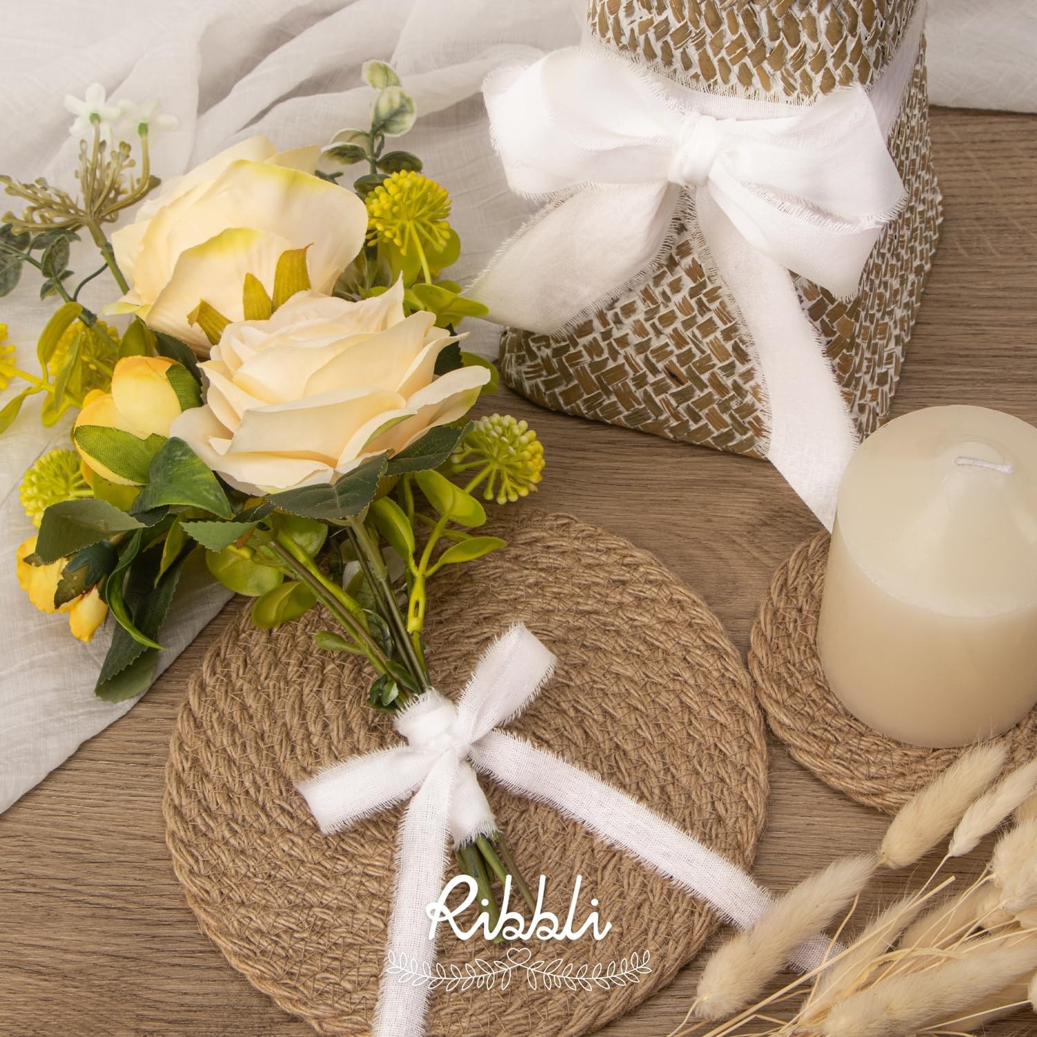 Ribbli 3 Rolls Dusty Blue Ribbon 1.5 Inch x 18Yards Handmade Cotton Frayed Fringe Ribbons for Gift Wrapping Wedding Invites Bridal Bouquets Baby Shower DIY Crafts Home Decor(White)