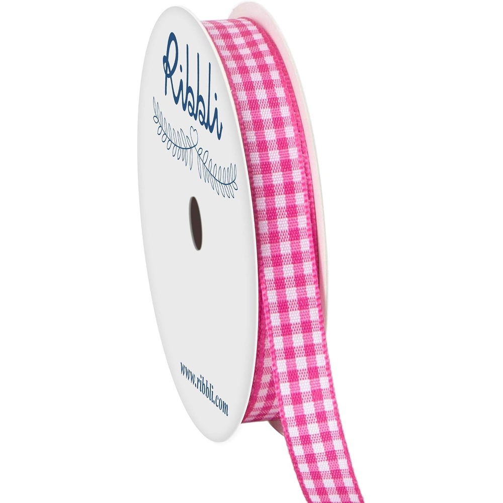 Ribbli Yellow and White Gingham Ribbon,100% Polyester Woven Edge,3/8 Inch x 10 Yard,Plaid Ribbon Use for Gift Wrapping,Party Decoration(Pink Hot/White)
