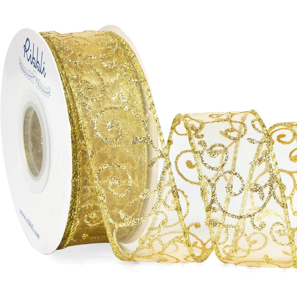Ribbli Swirl Glitter Wired Ribbon, Gold Organza Sheer Ribbon with Gold Glitter Swirl Pattern,1-1/2 Inch x 20Yards Christmas Ribbon for Crafts,Wreaths,Gift Wrapping