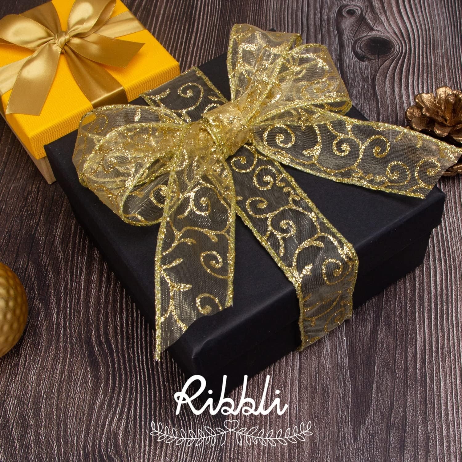 Ribbli Swirl Glitter Wired Ribbon, Gold Organza Sheer Ribbon with Gold Glitter Swirl Pattern,1-1/2 Inch x 20Yards Christmas Ribbon for Crafts,Wreaths,Gift Wrapping