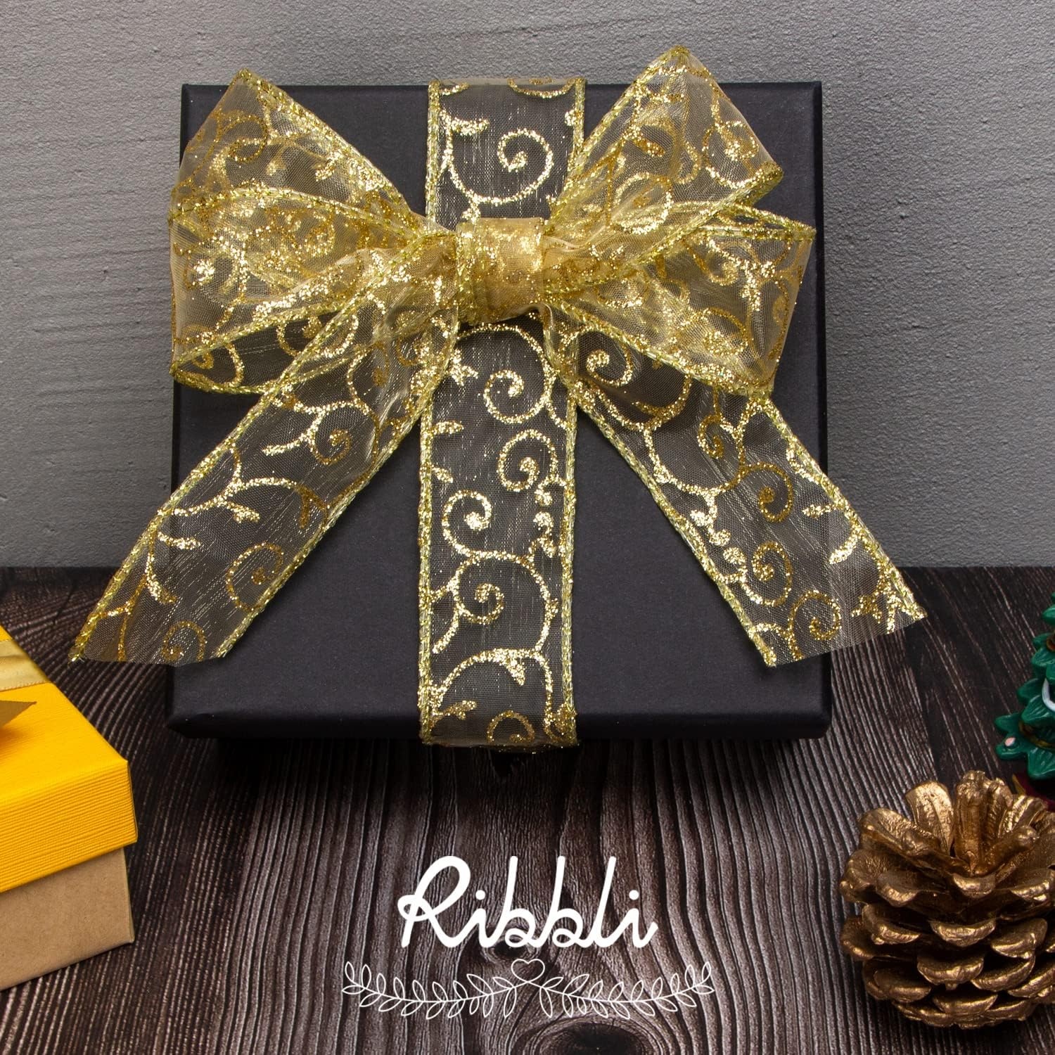 Ribbli Swirl Glitter Wired Ribbon, Gold Organza Sheer Ribbon with Gold Glitter Swirl Pattern,1-1/2 Inch x 20Yards Christmas Ribbon for Crafts,Wreaths,Gift Wrapping