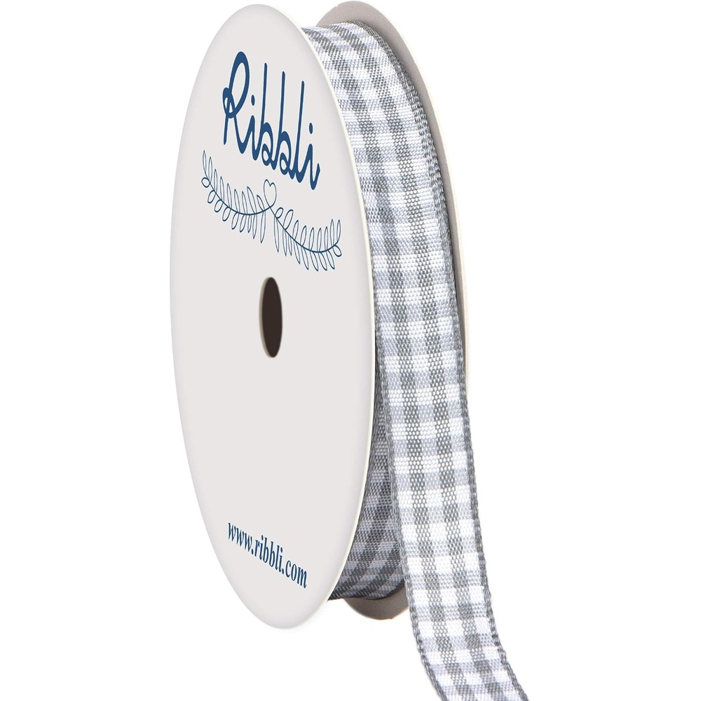 Ribbli Yellow and White Gingham Ribbon,100% Polyester Woven Edge,3/8 Inch x 10 Yard,Plaid Ribbon Use for Gift Wrapping,Party Decoration(Grey/White)