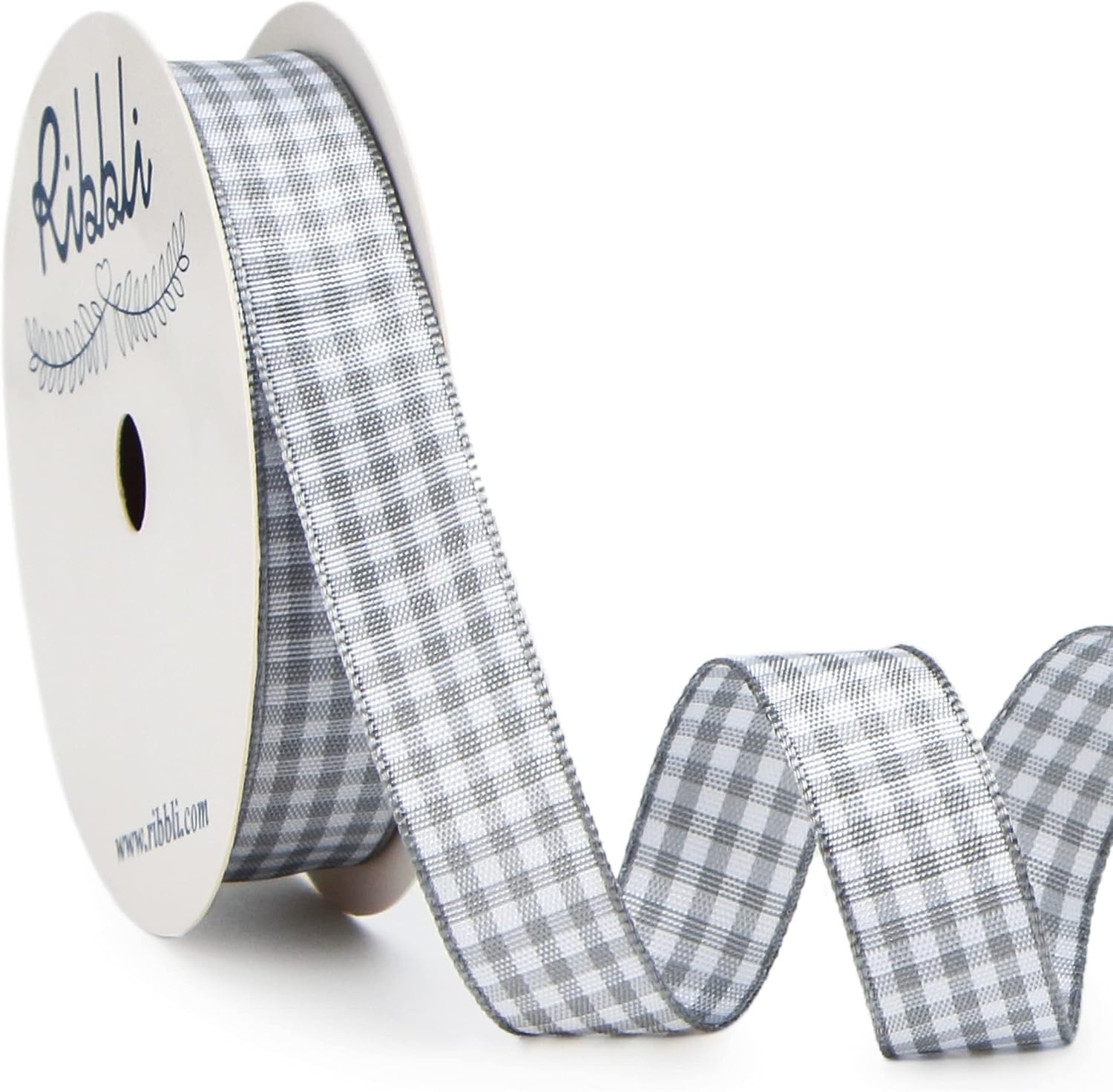 Ribbli Yellow and White Gingham Ribbon,100% Polyester Woven Edge,3/8 Inch x 10 Yard,Plaid Ribbon Use for Gift Wrapping,Party Decoration(Grey/White)
