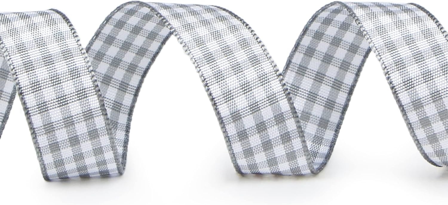 Ribbli Yellow and White Gingham Ribbon,100% Polyester Woven Edge,3/8 Inch x 10 Yard,Plaid Ribbon Use for Gift Wrapping,Party Decoration(Grey/White)