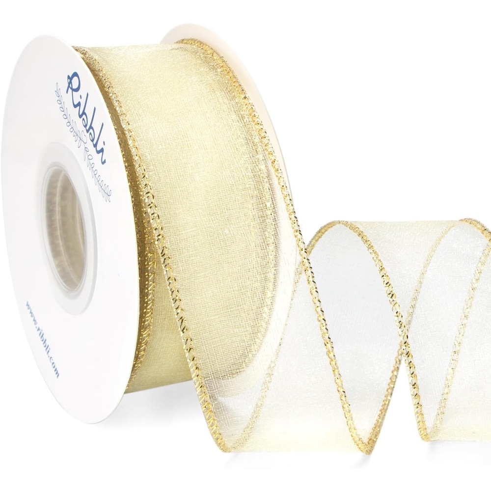 Ribbli Pink Organza Wired Ribbon, Pink Sheer with Metallic Edge,2-1/2 Inch x 20 Yards Christmas Tree Ribbon for Decoration Gift Wrapping Wedding Crafts(Ivory-Gold Edge)