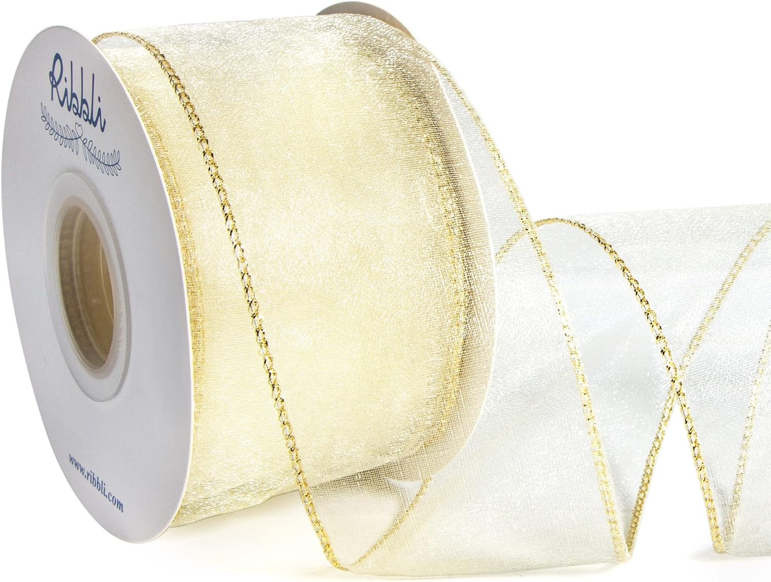 Ribbli Pink Organza Wired Ribbon, Pink Sheer with Metallic Edge,2-1/2 Inch x 20 Yards Christmas Tree Ribbon for Decoration Gift Wrapping Wedding Crafts(Ivory-Gold Edge)