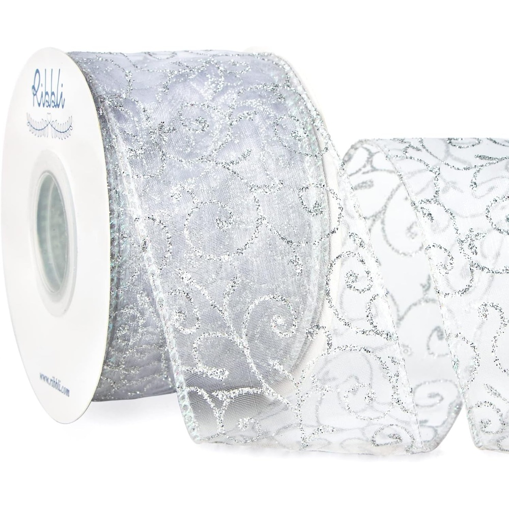 Ribbli Swirl Glitter Wired Organza Sheer Ribbon, White with Silver Glitter Swirl Pattern and Metallic Edge, 2-1/2 Inch x 20 Yards for Christmas Tree Decoration