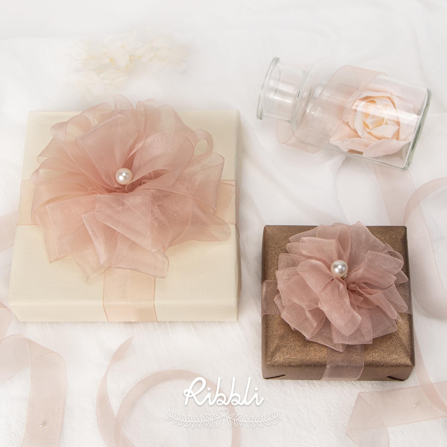 Ribbli Champagne Organza Ribbon,1/2 Inches x Continuous 50 Yard, Champagne Sheer Ribbon for Gift Wrapping,Cookie Wrapping,Wedding Decoration,All Crafting and Sewing(Sweet Nectar)