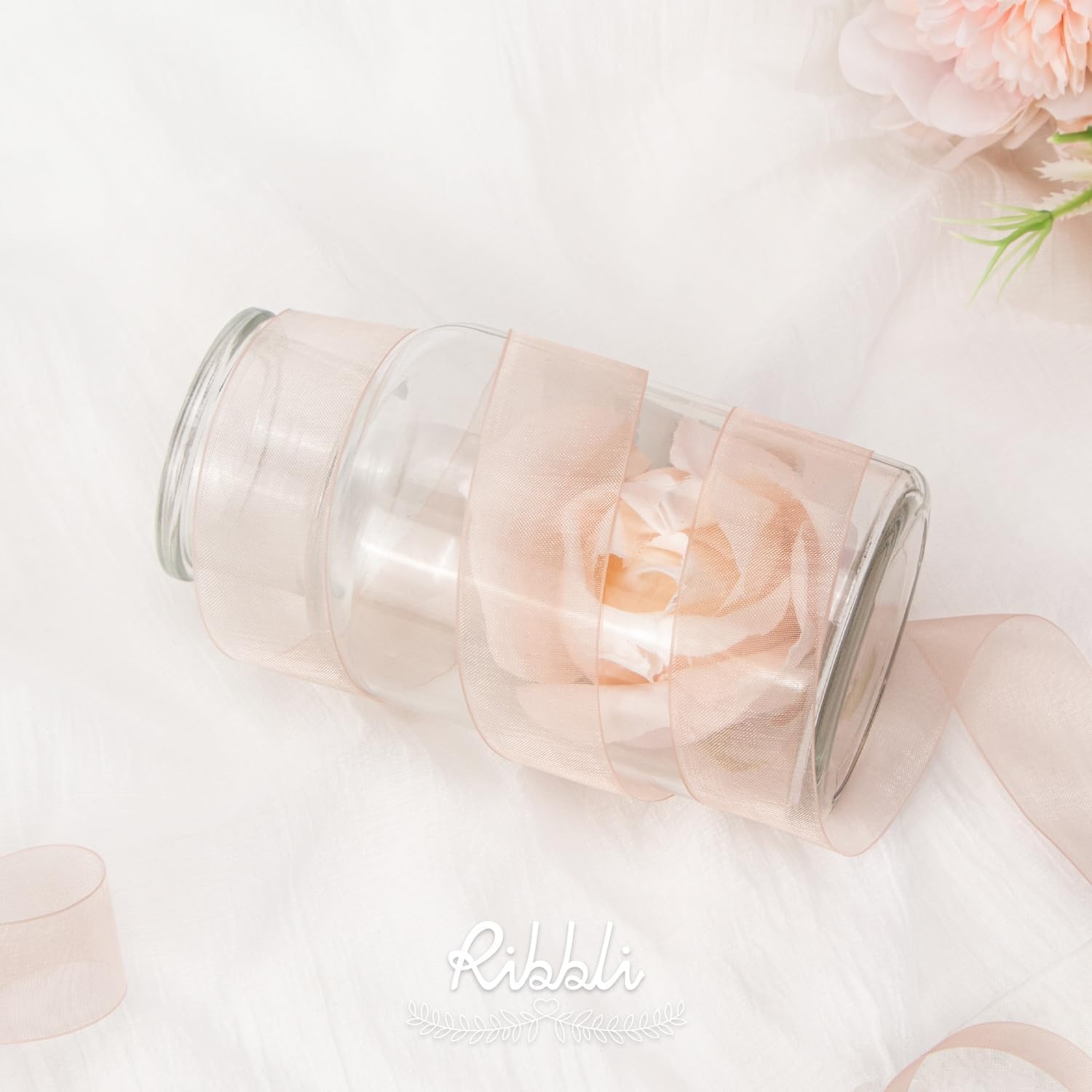 Ribbli Champagne Organza Ribbon,1/2 Inches x Continuous 50 Yard, Champagne Sheer Ribbon for Gift Wrapping,Cookie Wrapping,Wedding Decoration,All Crafting and Sewing(Sweet Nectar)