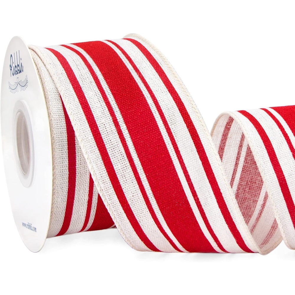 Ribbli Christmas Wired Ribbon,Red Stripe Ribbon 2-1/2 Inch x Continuous 10 Yard, Stripe Cotton Burlap for Big Bow,Wreath-(Red/Ivory)