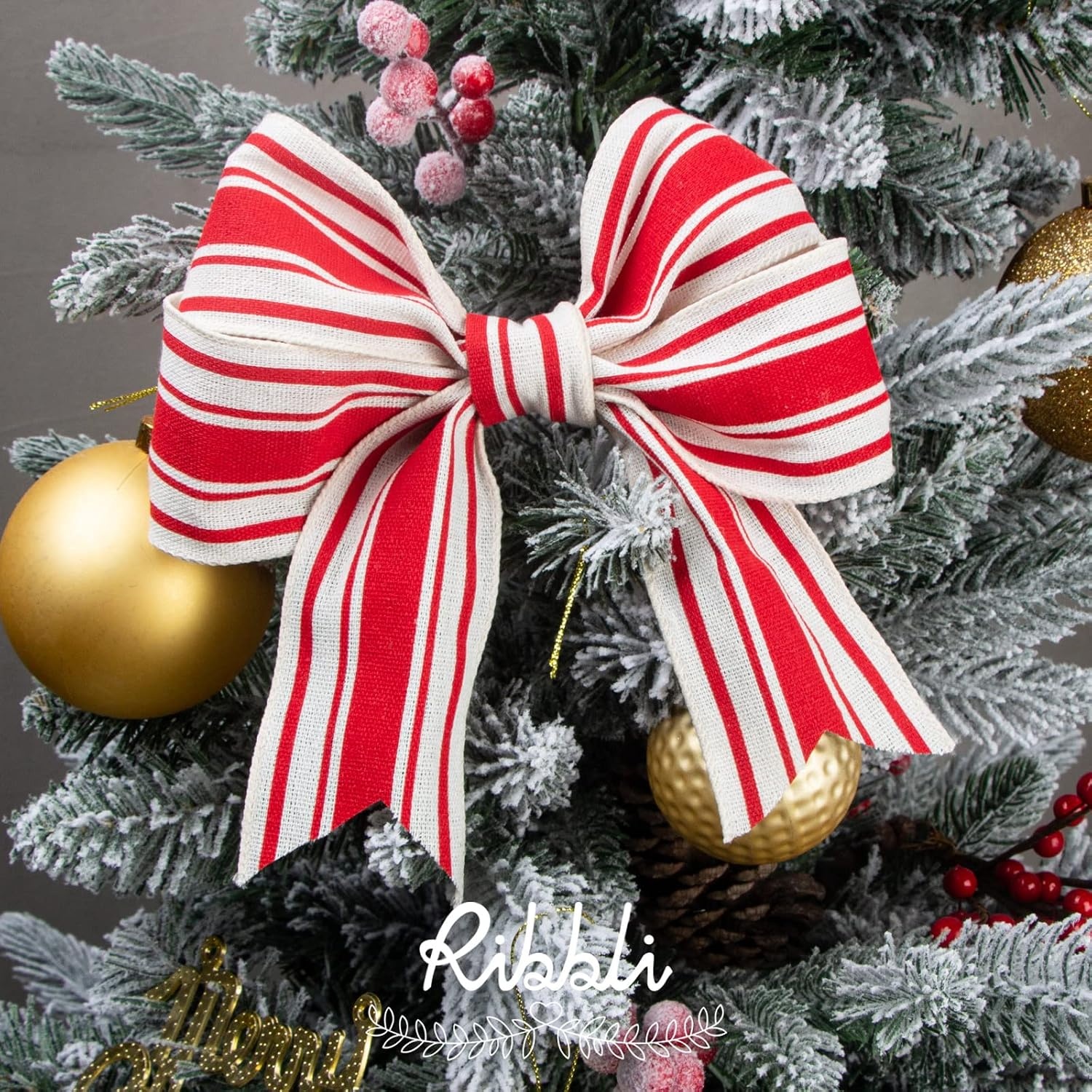 Ribbli Christmas Wired Ribbon,Red Stripe Ribbon 2-1/2 Inch x Continuous 10 Yard, Stripe Cotton Burlap for Big Bow,Wreath-(Red/Ivory)