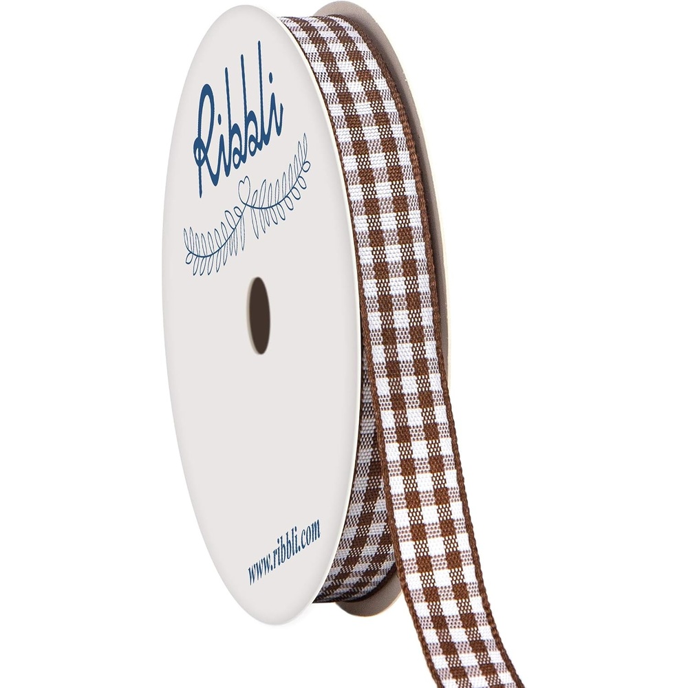 Ribbli Yellow and White Gingham Ribbon,100% Polyester Woven Edge,3/8 Inch x 10 Yard,Plaid Ribbon Use for Gift Wrapping,Party Decoration(Brown/White)