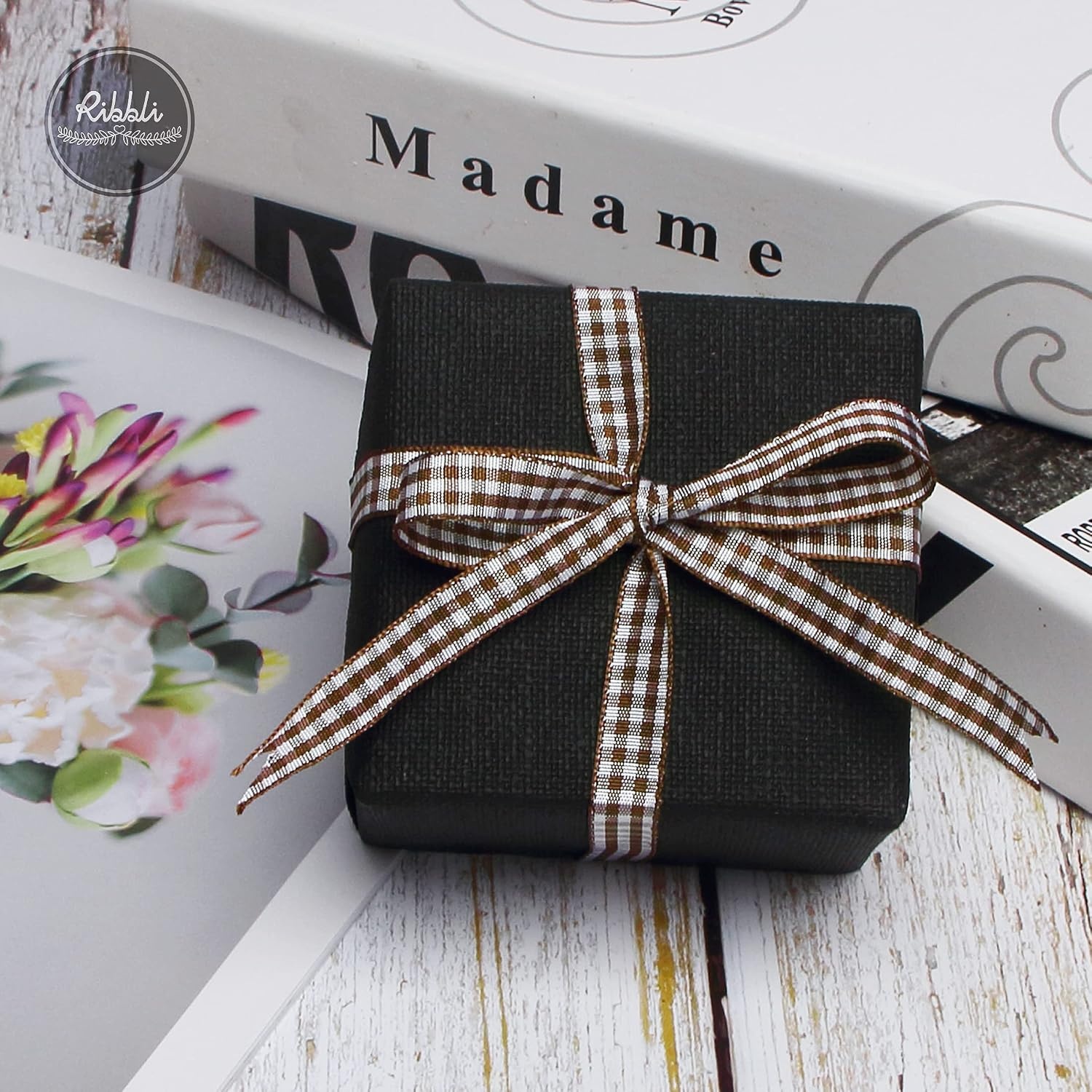 Ribbli Yellow and White Gingham Ribbon,100% Polyester Woven Edge,3/8 Inch x 10 Yard,Plaid Ribbon Use for Gift Wrapping,Party Decoration(Brown/White)