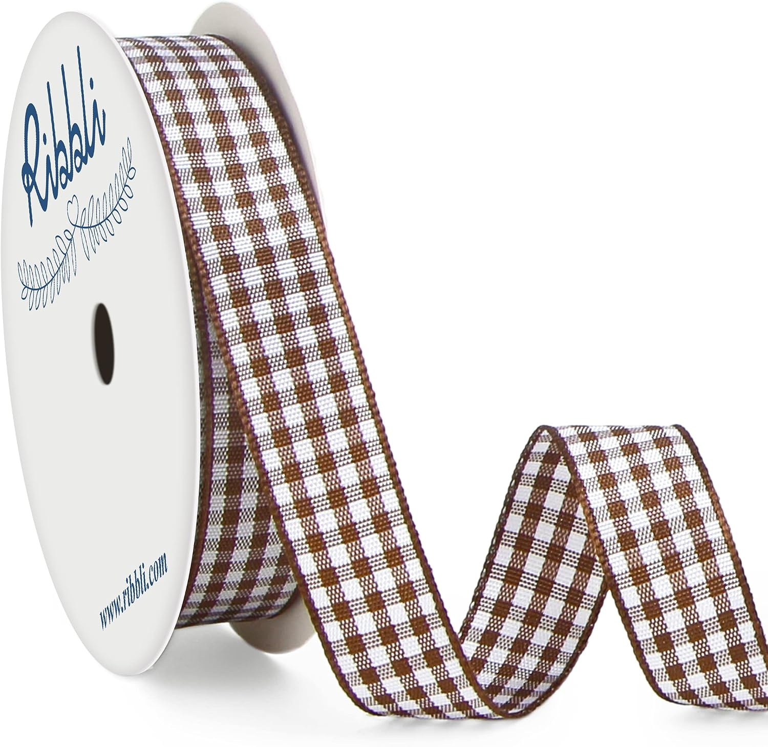 Ribbli Yellow and White Gingham Ribbon,100% Polyester Woven Edge,3/8 Inch x 10 Yard,Plaid Ribbon Use for Gift Wrapping,Party Decoration(Brown/White)