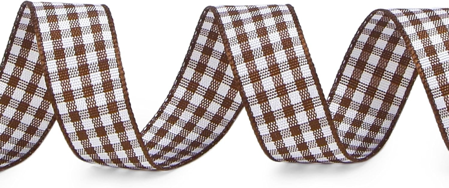 Ribbli Yellow and White Gingham Ribbon,100% Polyester Woven Edge,3/8 Inch x 10 Yard,Plaid Ribbon Use for Gift Wrapping,Party Decoration(Brown/White)