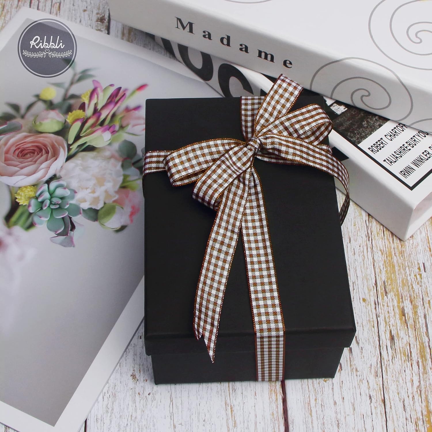 Ribbli Yellow and White Gingham Ribbon,100% Polyester Woven Edge,3/8 Inch x 10 Yard,Plaid Ribbon Use for Gift Wrapping,Party Decoration(Brown/White)