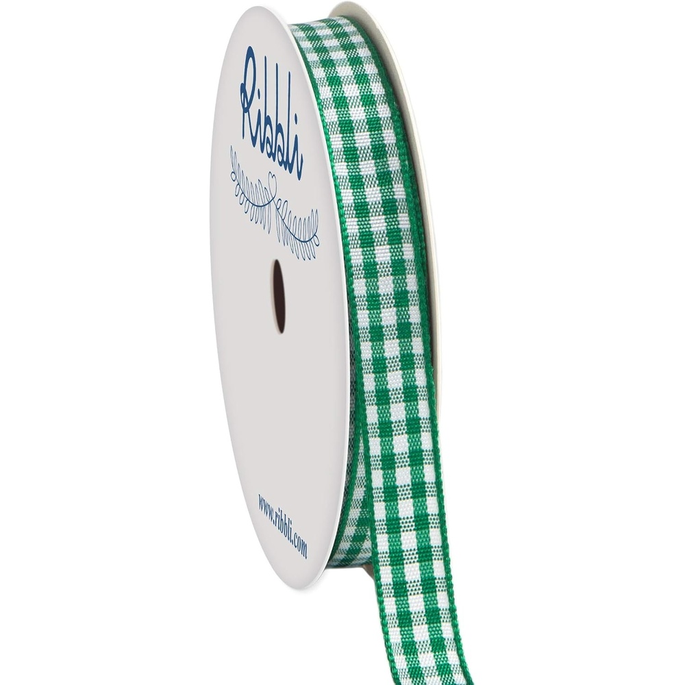 Ribbli Yellow and White Gingham Ribbon,100% Polyester Woven Edge,3/8 Inch x 10 Yard,Plaid Ribbon Use for Gift Wrapping,Party Decoration(Green Forest/White)