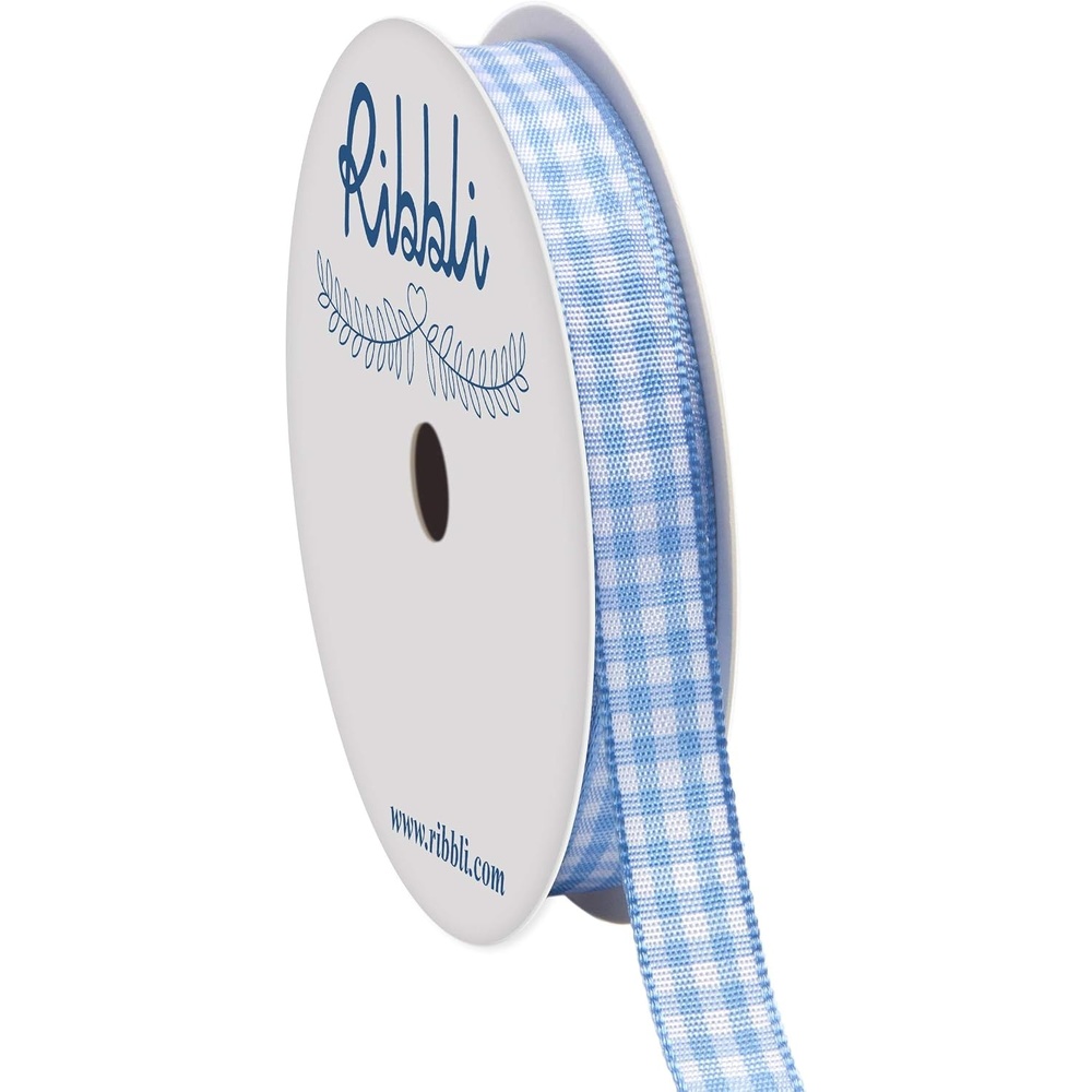 Ribbli Yellow and White Gingham Ribbon,100% Polyester Woven Edge,3/8 Inch x 10 Yard,Plaid Ribbon Use for Gift Wrapping,Party Decoration(Blue Light/White)