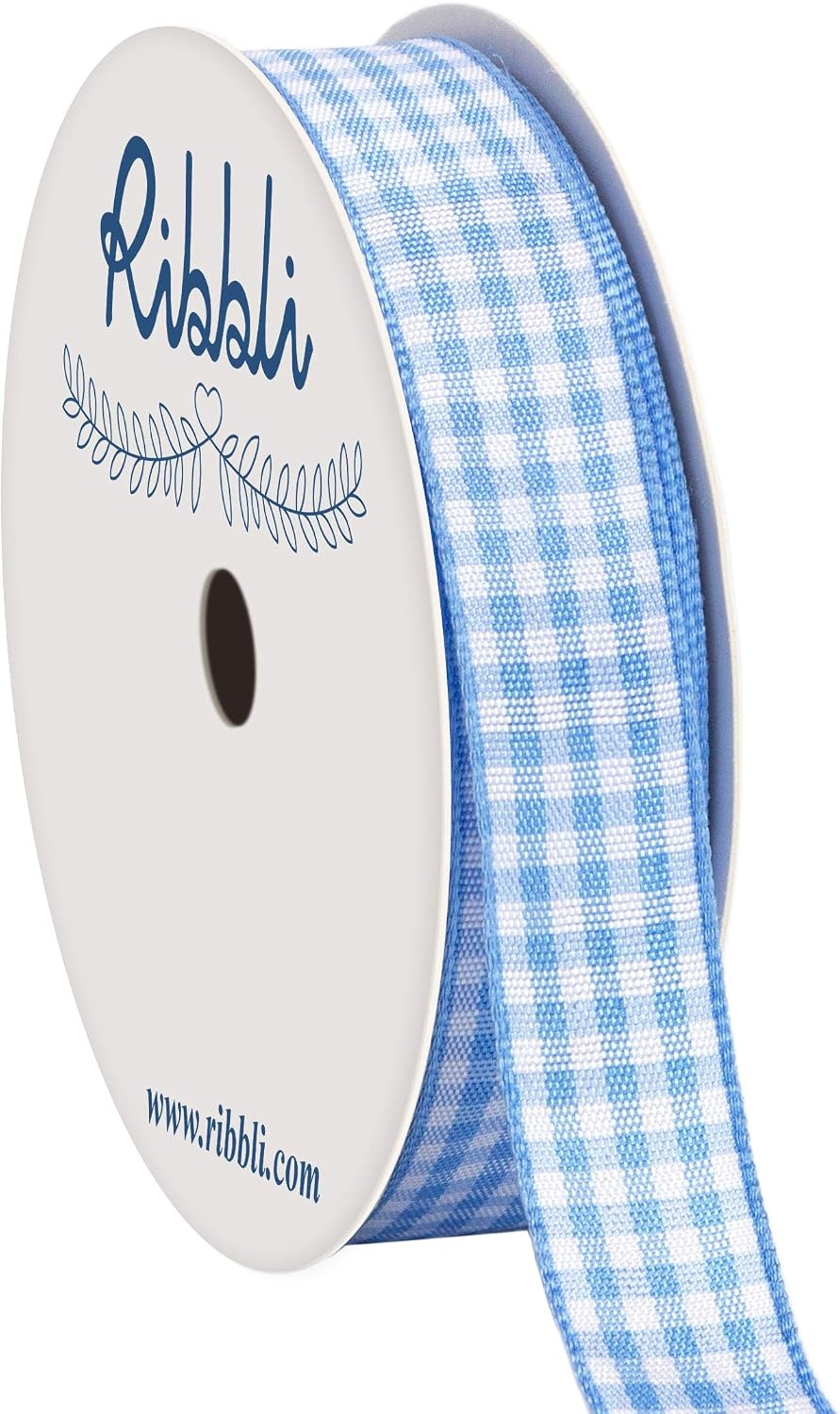 Ribbli Yellow and White Gingham Ribbon,100% Polyester Woven Edge,3/8 Inch x 10 Yard,Plaid Ribbon Use for Gift Wrapping,Party Decoration(Blue Light/White)