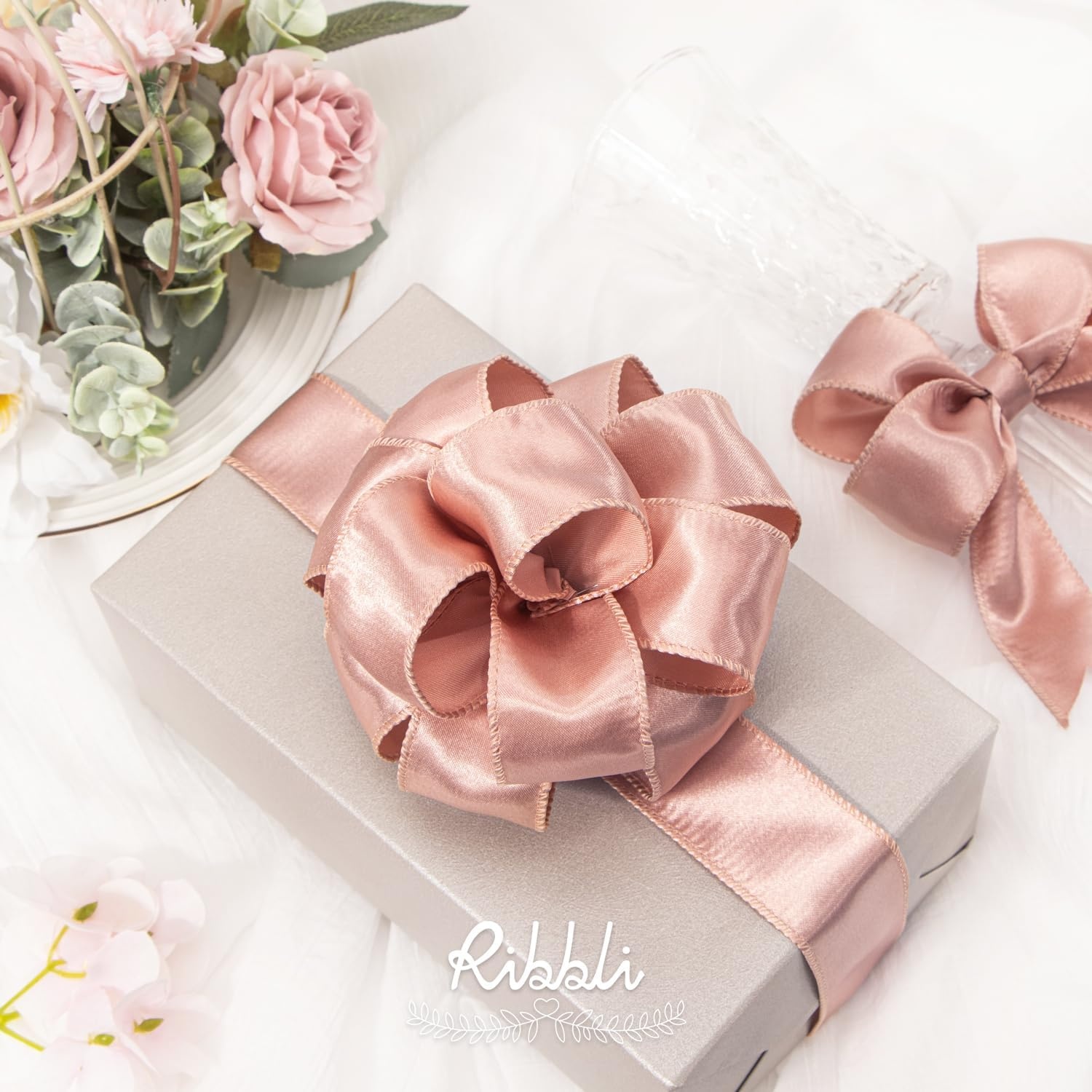 Ribbli Black Satin Wired Ribbon 2.5 Inch Black Christmas Ribbon for Gift Wrapping Wreaths Garland Tree Decoration Crafts Home Decor-Continous 20 Yards(Rose Gold)