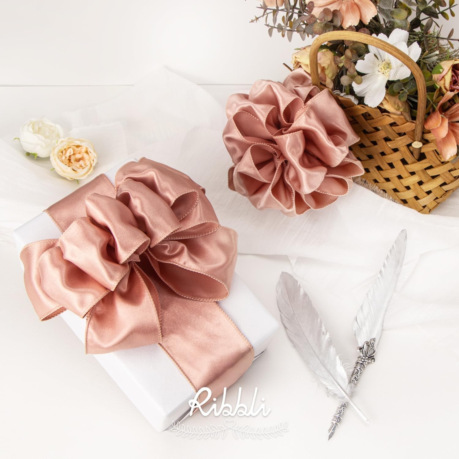 Ribbli Black Satin Wired Ribbon 2.5 Inch Black Christmas Ribbon for Gift Wrapping Wreaths Garland Tree Decoration Crafts Home Decor-Continous 20 Yards(Rose Gold)