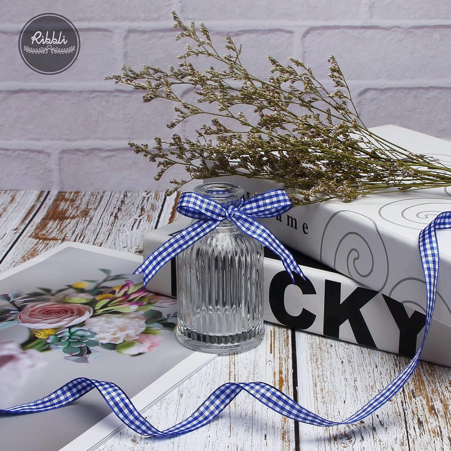Ribbli Yellow and White Gingham Ribbon,100% Polyester Woven Edge,3/8 Inch x 10 Yard,Plaid Ribbon Use for Gift Wrapping,Party Decoration(Blue Electric/White)