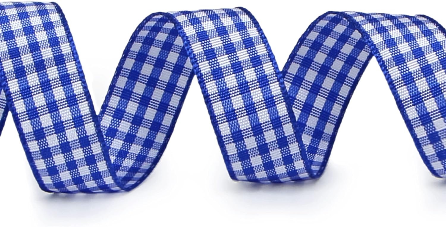 Ribbli Yellow and White Gingham Ribbon,100% Polyester Woven Edge,3/8 Inch x 10 Yard,Plaid Ribbon Use for Gift Wrapping,Party Decoration(Blue Electric/White)