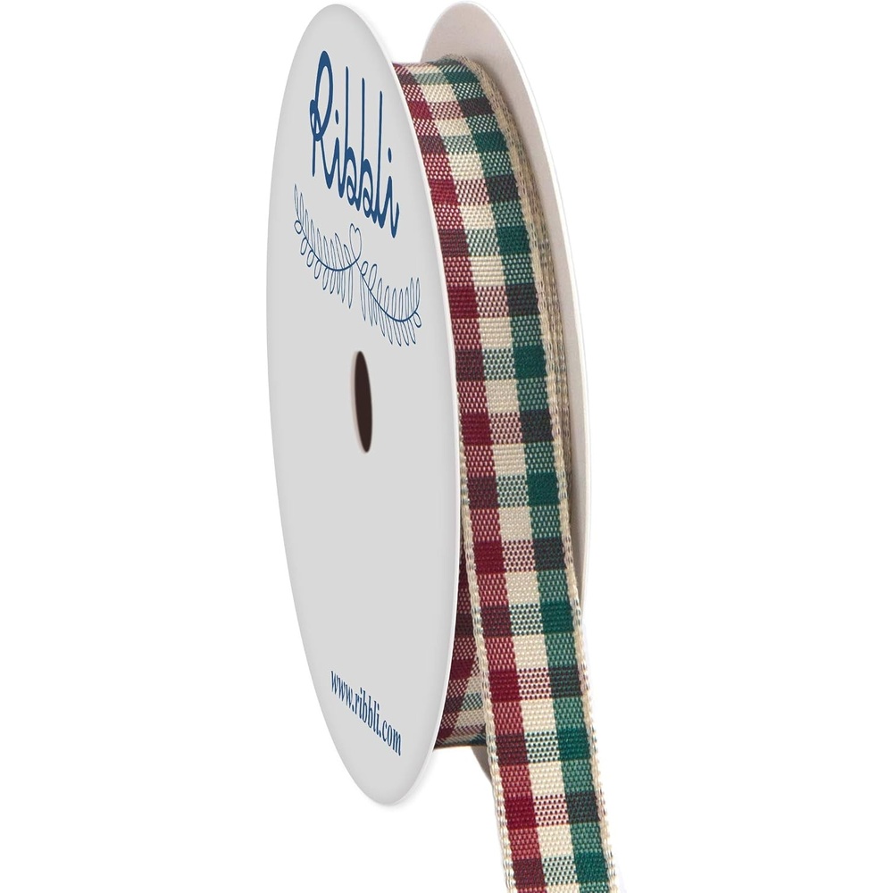 Ribbli Yellow and White Gingham Ribbon,100% Polyester Woven Edge,3/8 Inch x 10 Yard,Plaid Ribbon Use for Gift Wrapping,Party Decoration(Burgundy/Green)