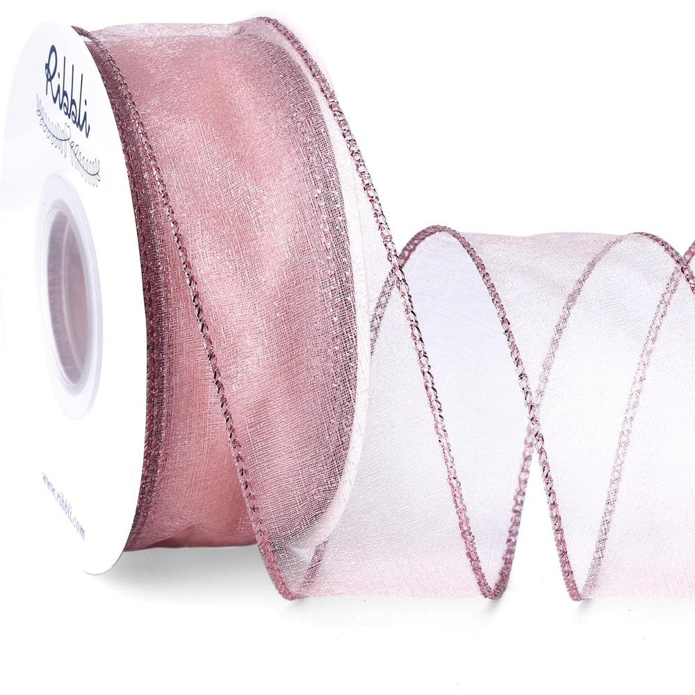 Ribbli Pink Organza Wired Ribbon, Pink Sheer with Metallic Edge,2-1/2 Inch x 20 Yards Christmas Tree Ribbon for Decoration Gift Wrapping Wedding Crafts(Rose Gold)