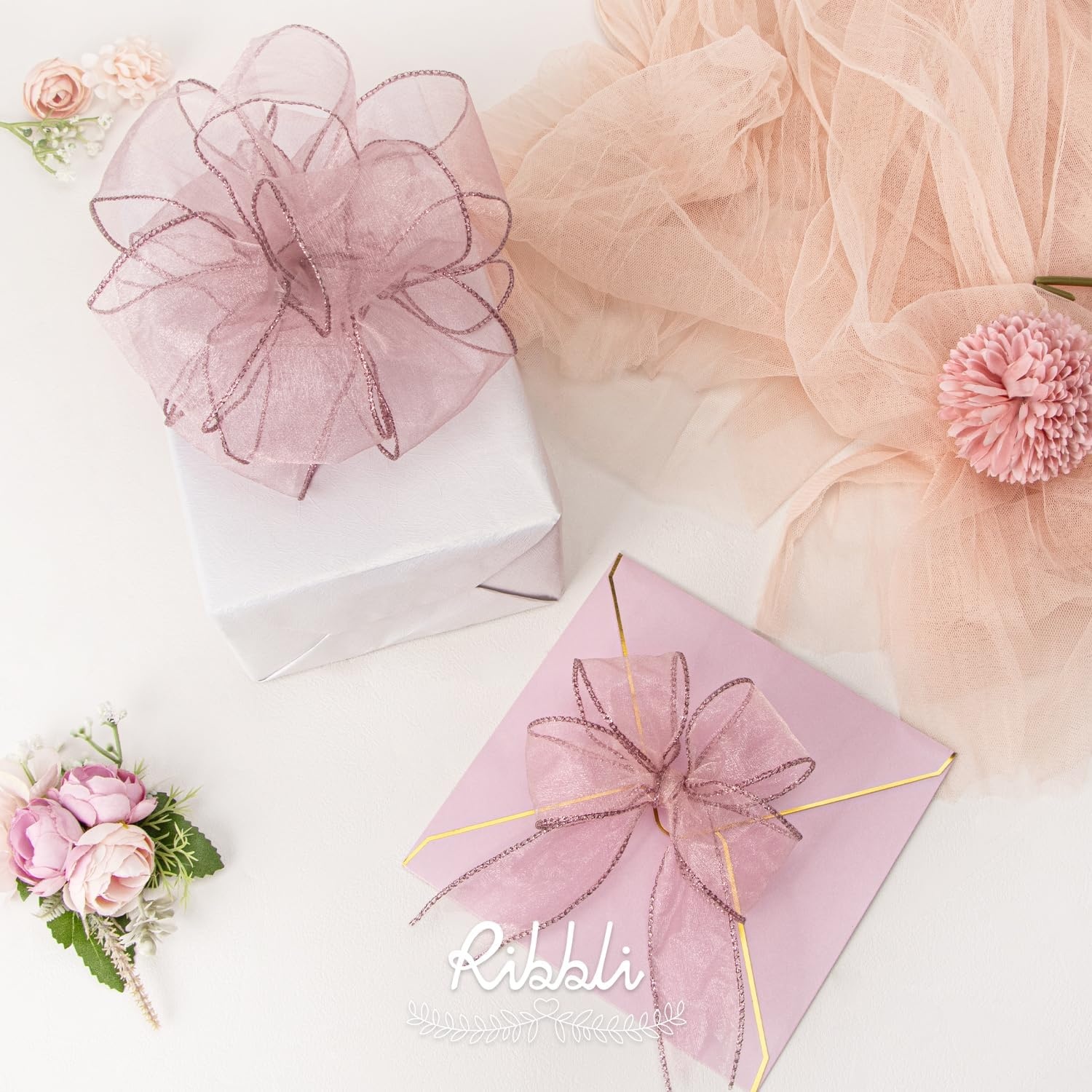 Ribbli Pink Organza Wired Ribbon, Pink Sheer with Metallic Edge,2-1/2 Inch x 20 Yards Christmas Tree Ribbon for Decoration Gift Wrapping Wedding Crafts(Rose Gold)
