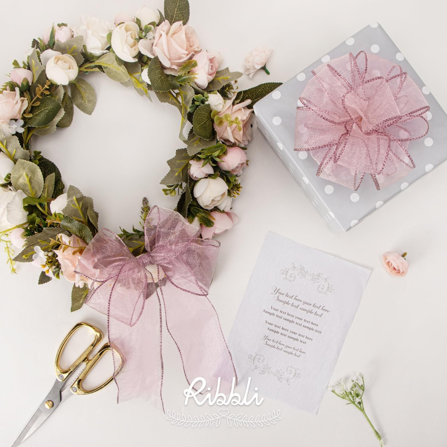 Ribbli Pink Organza Wired Ribbon, Pink Sheer with Metallic Edge,2-1/2 Inch x 20 Yards Christmas Tree Ribbon for Decoration Gift Wrapping Wedding Crafts(Rose Gold)