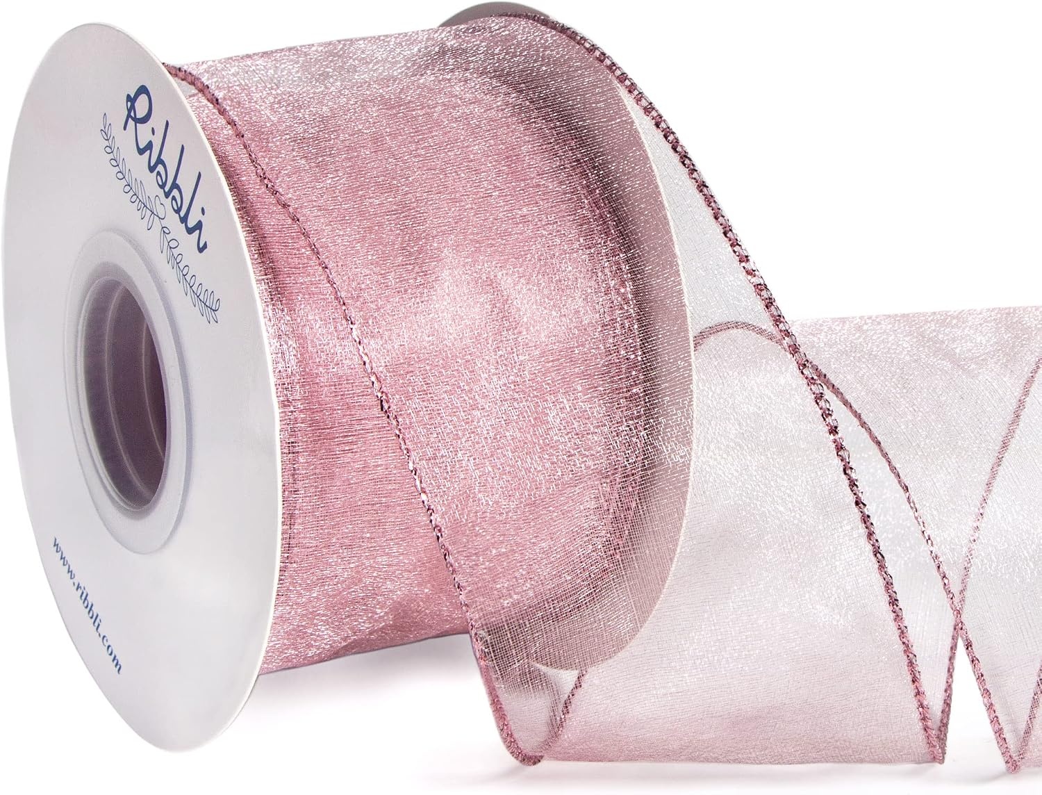 Ribbli Pink Organza Wired Ribbon, Pink Sheer with Metallic Edge,2-1/2 Inch x 20 Yards Christmas Tree Ribbon for Decoration Gift Wrapping Wedding Crafts(Rose Gold)